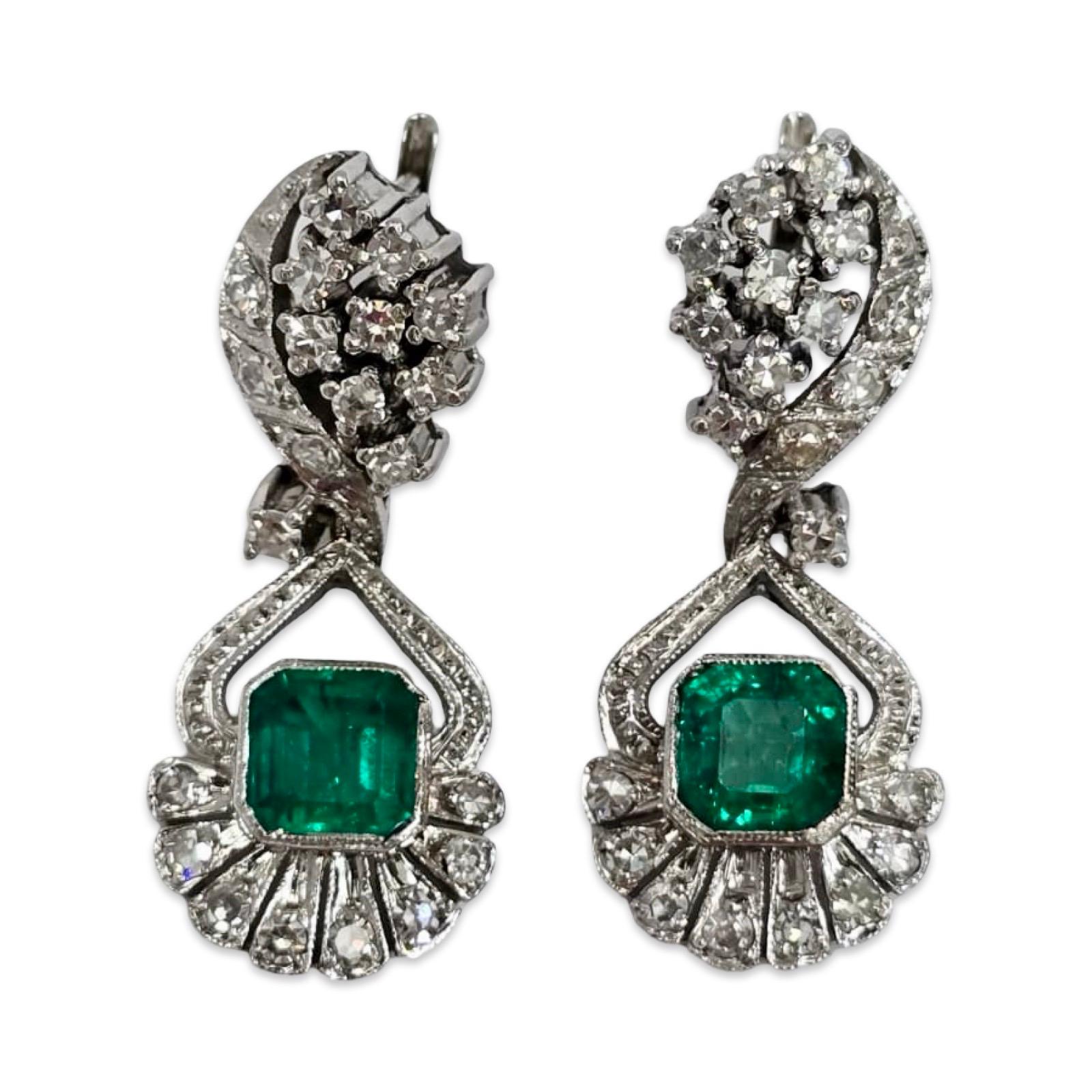 Rara suite in oro bianco Art Deco 14K con smeraldi colombiani e diamanti antichi in vendita 7