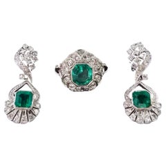 Rare Art Deco 14K White Gold Suite with Colombian Emeralds & Old-Cut Diamonds