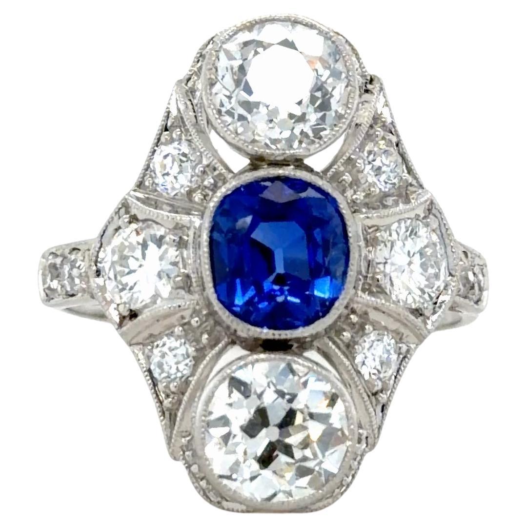 Rare Art Deco, 1.66 Carats Kashmir Sapphire and Diamond Ring