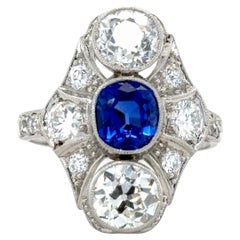 Rare Art Deco, 1.66 Carats Kashmir Sapphire and Diamond Ring