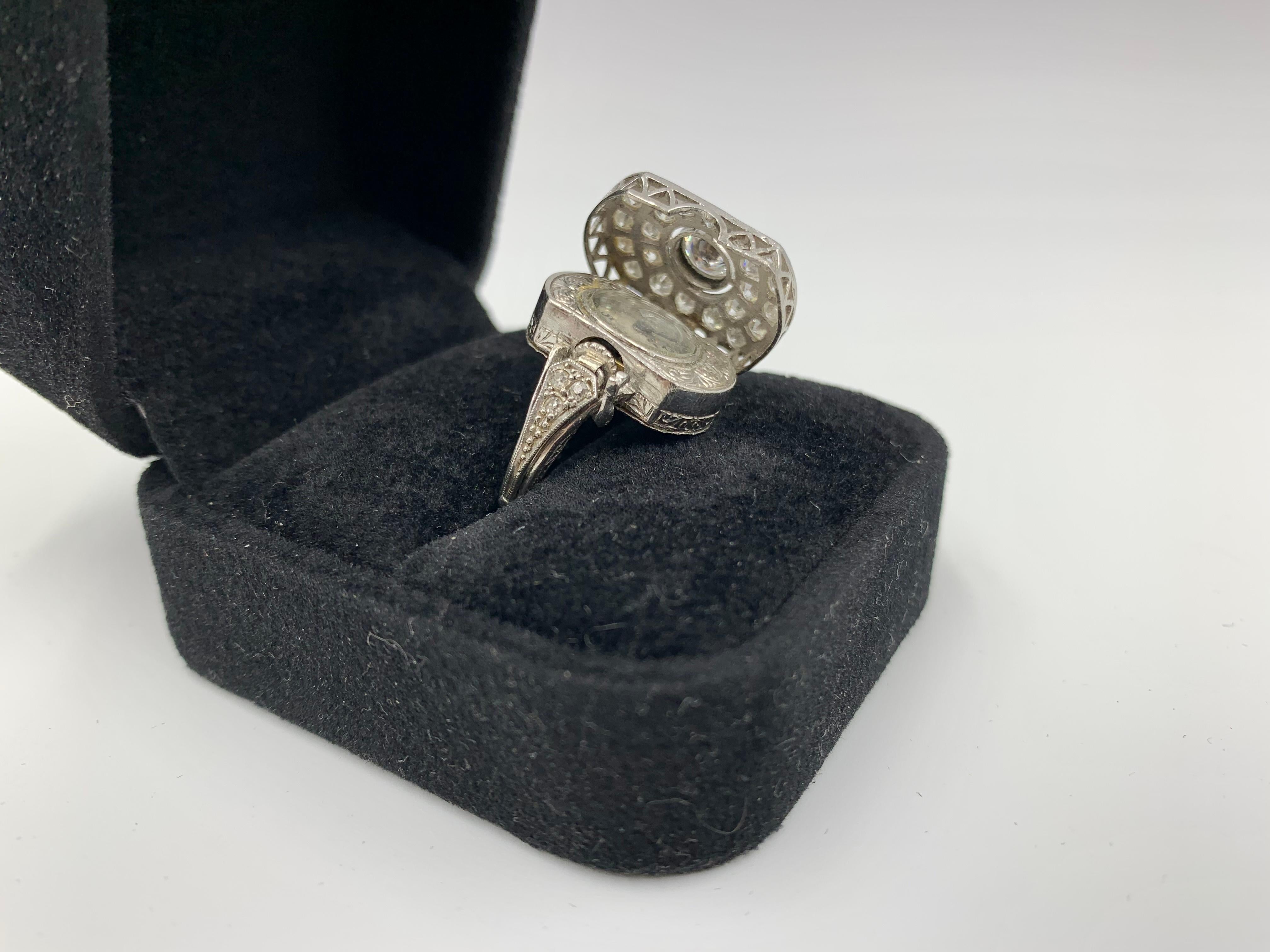 Rare Art Deco 2.30 TCW Diamond 14K White Gold Cocktail Ring with Concealed Watch For Sale 6