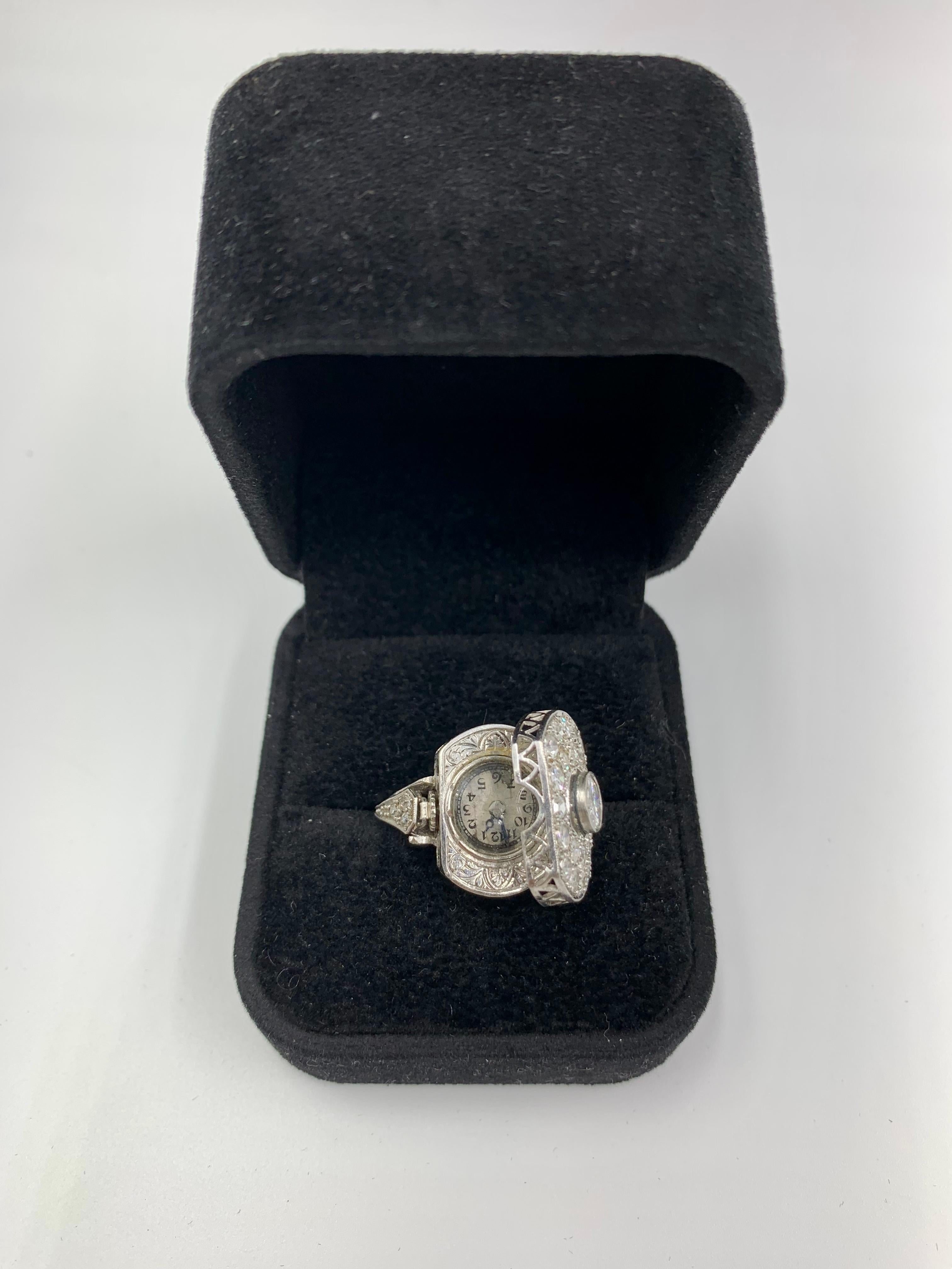 Rare Art Deco 2.30 TCW Diamond 14K White Gold Cocktail Ring with Concealed Watch In Good Condition For Sale In New York, NY
