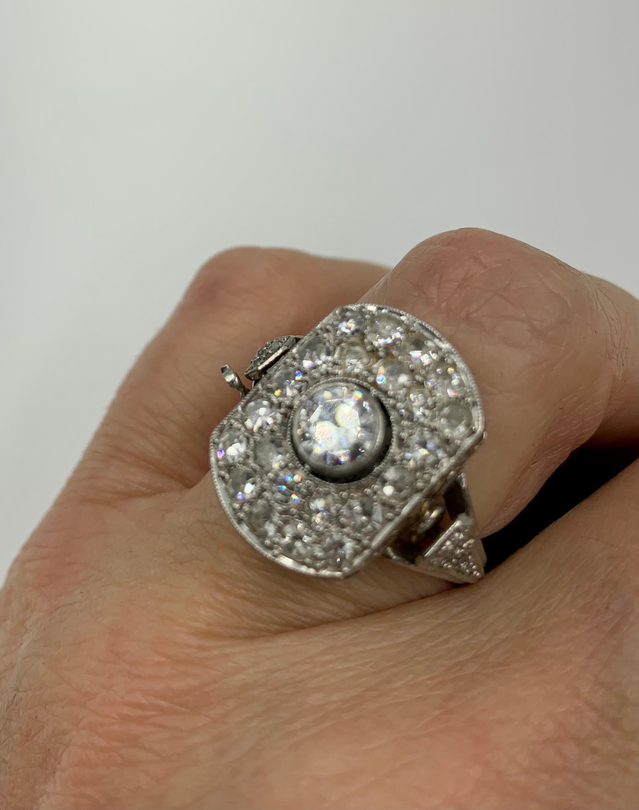 Rare Art Deco 2.30 TCW Diamond 14K White Gold Cocktail Ring with Concealed Watch For Sale 1