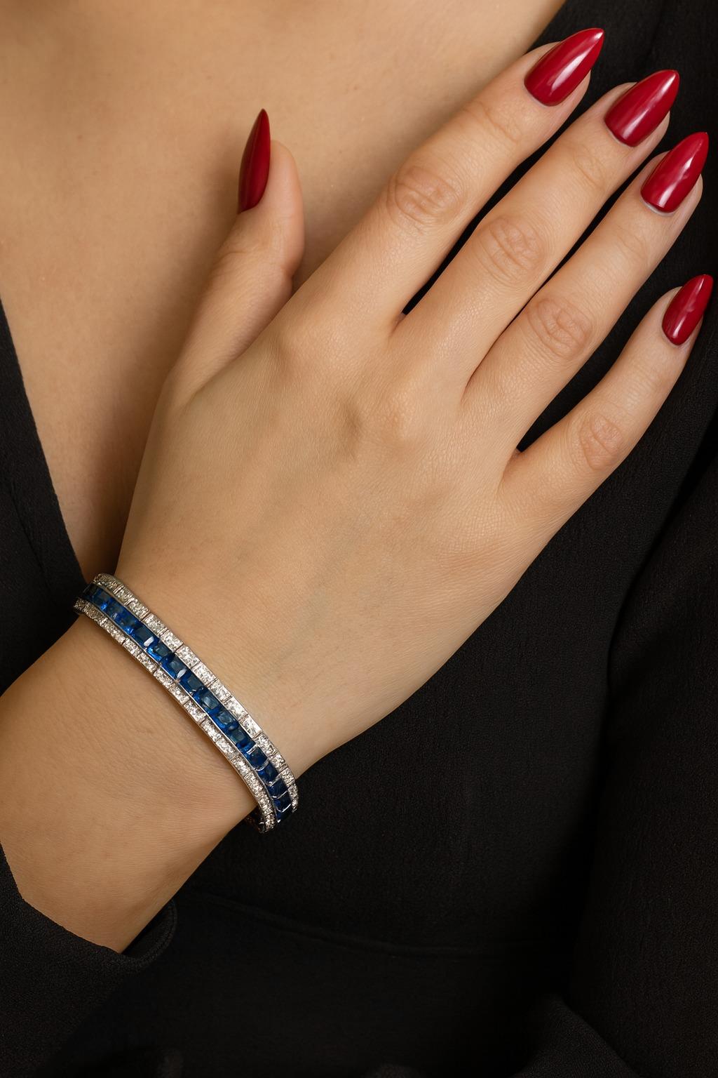 Seltenes Art Deco 25 Karat Saphir und 5 Karat Diamant Platin Armband (Art déco) im Angebot