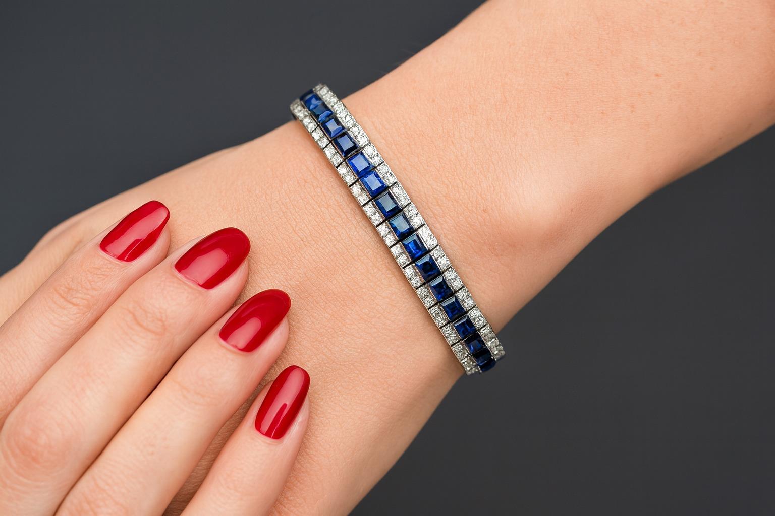 Seltenes Art Deco 25 Karat Saphir und 5 Karat Diamant Platin Armband (Smaragdschliff) im Angebot