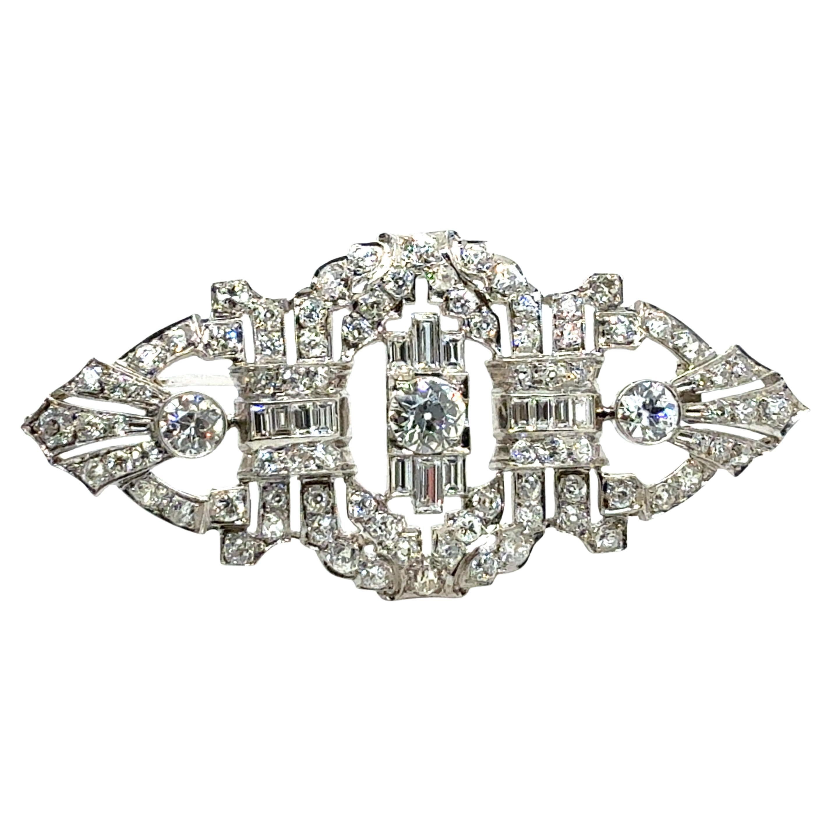 Rare Art Deco 7.5 Carat Natural Old Euro and Baguette Diamond Platinum Brooche