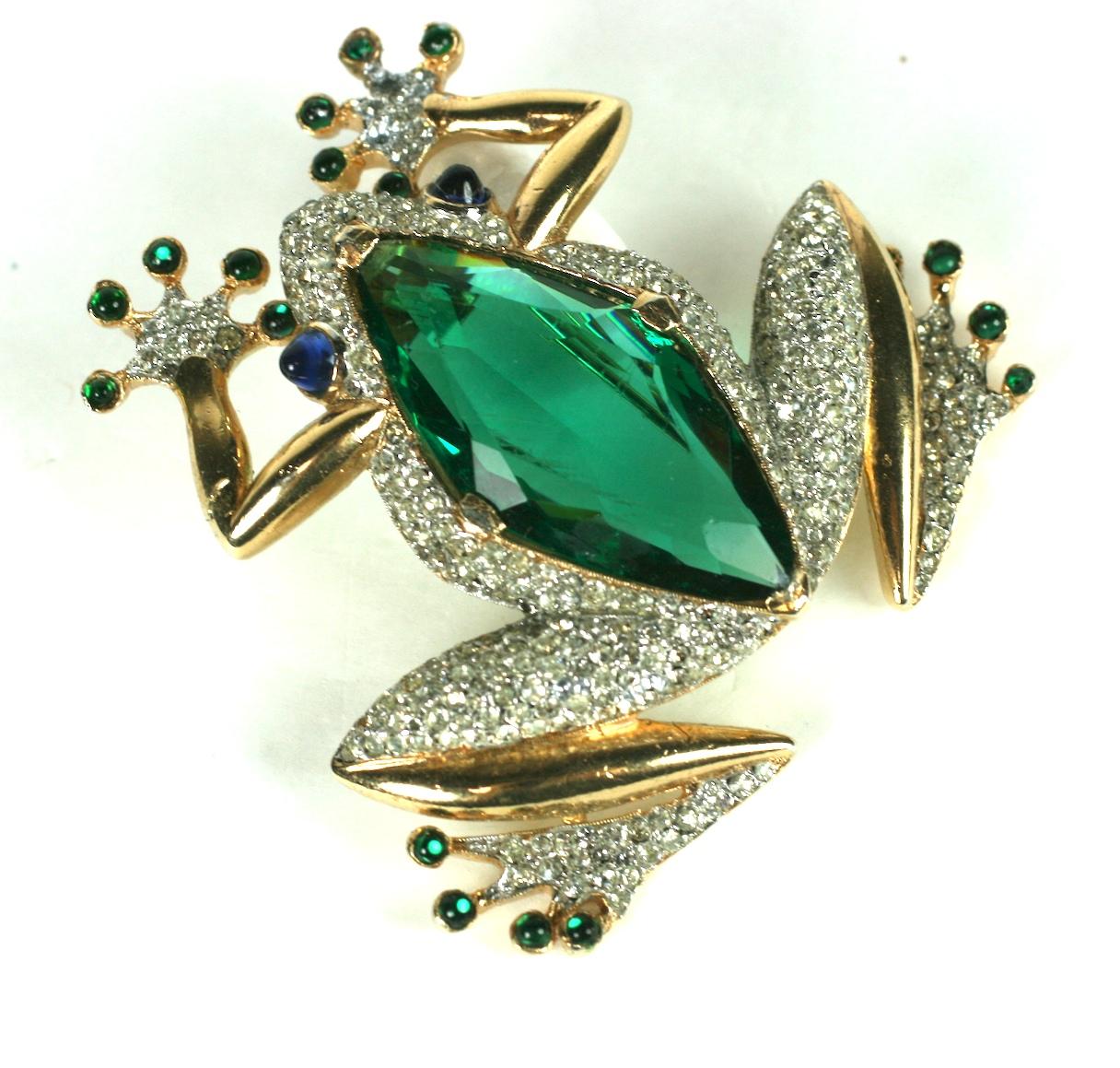 Rare and collectible Art Deco Trifari Frog Brooch with faceted emerald stone 