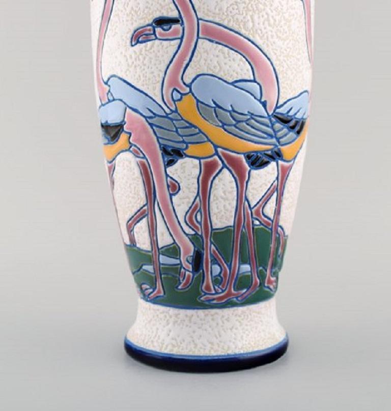 Czech Rare Art Deco Amphora Vase in Glazed Ceramics with Flamingos, 1920s-1930s