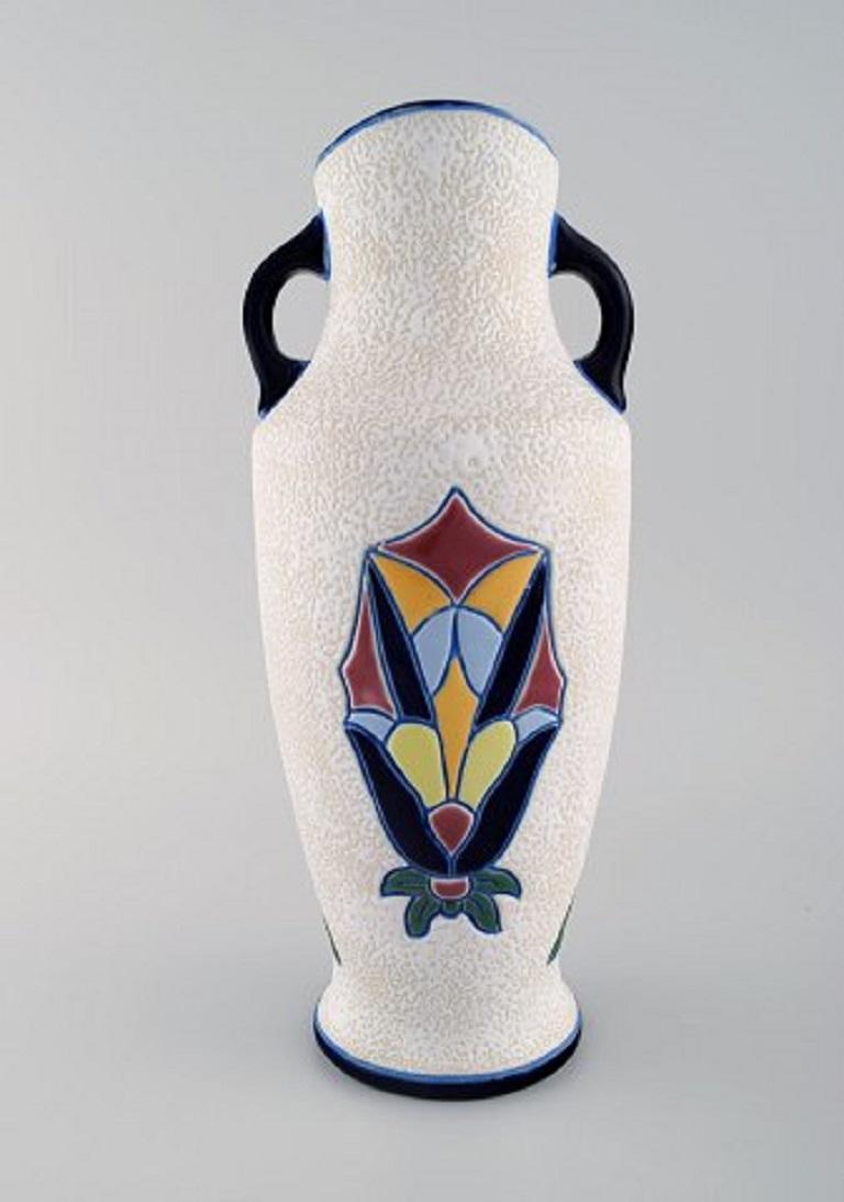 Rare Art Deco Amphora Vase in Glazed Ceramics with Flamingos, 1920s-1930s In Good Condition In Copenhagen, DK