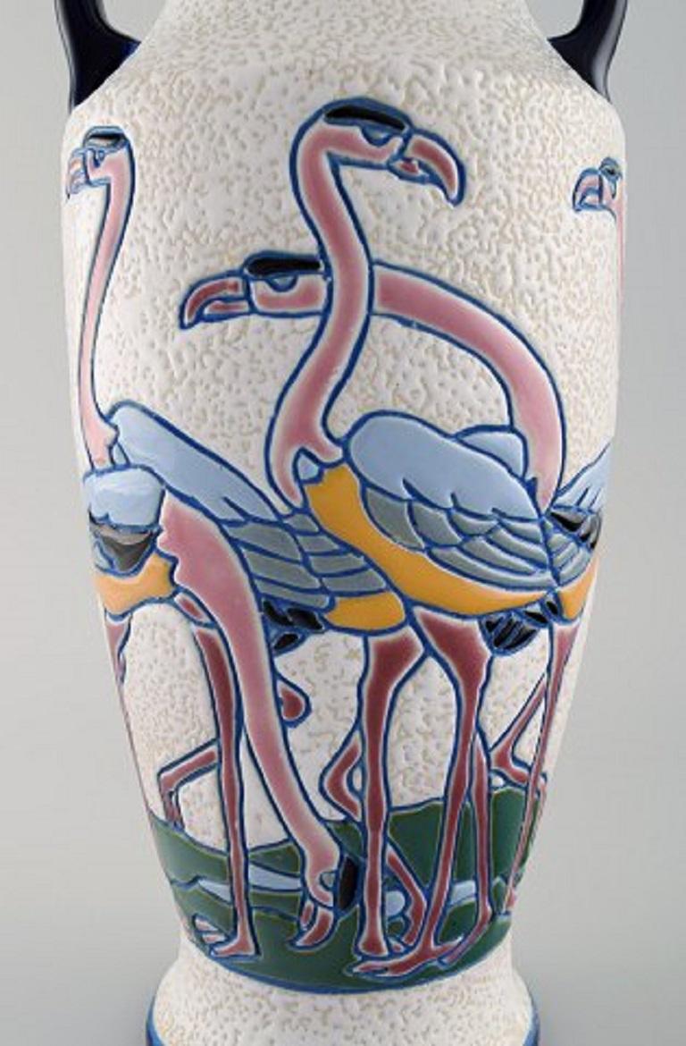 Early 20th Century Rare Art Deco Amphora Vase in Glazed Ceramics with Flamingos, 1920s-1930s