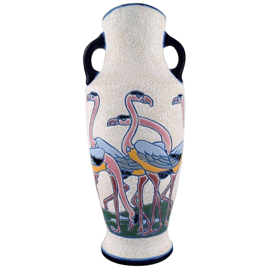 Rare Art Deco Amphora Vase in Glazed Ceramics with Flamingos, 1920s-1930s