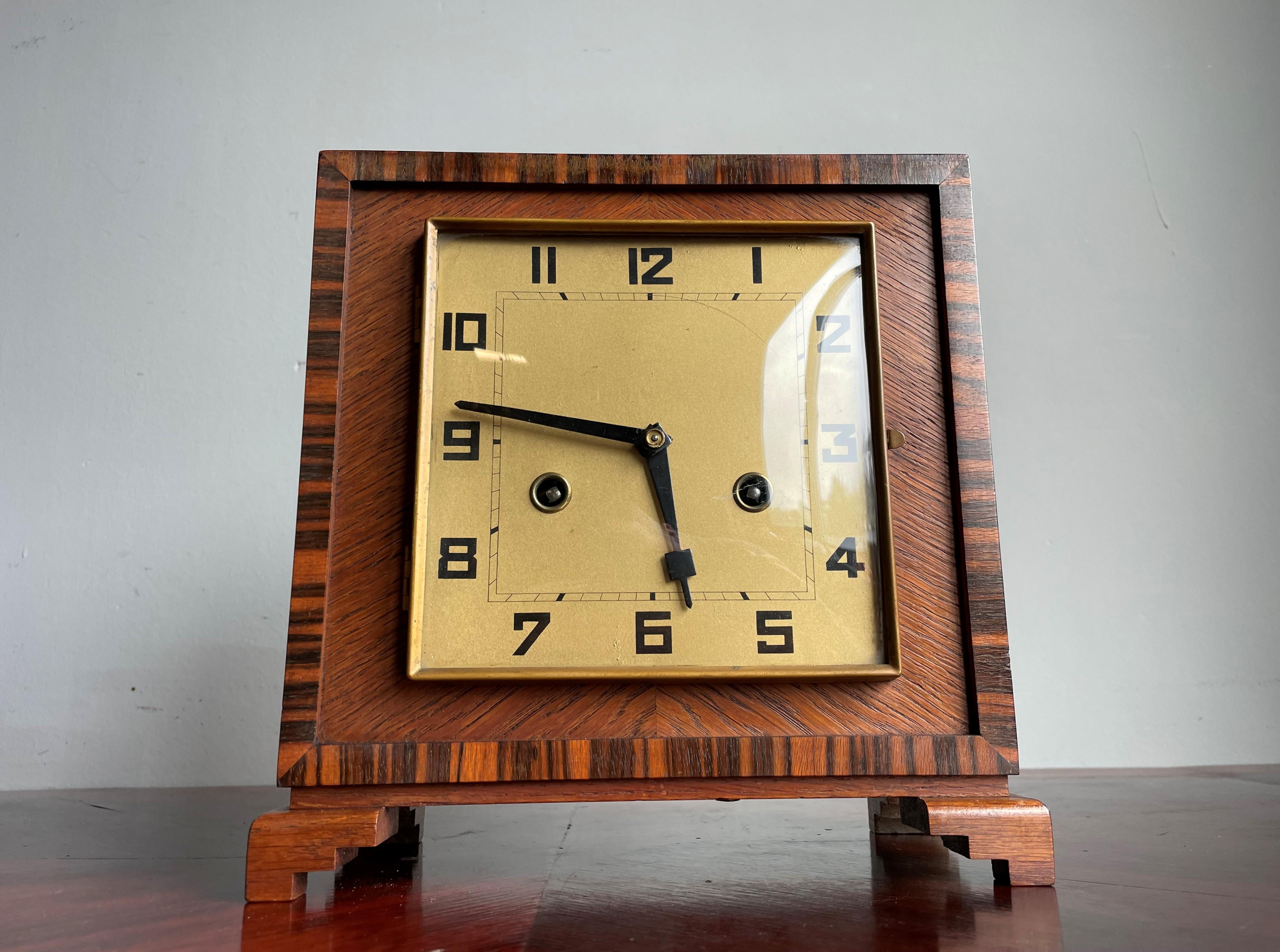 Rare Art Deco Amsterdam School Geometrical Design Oak & Coromandel Mantel Clock 1