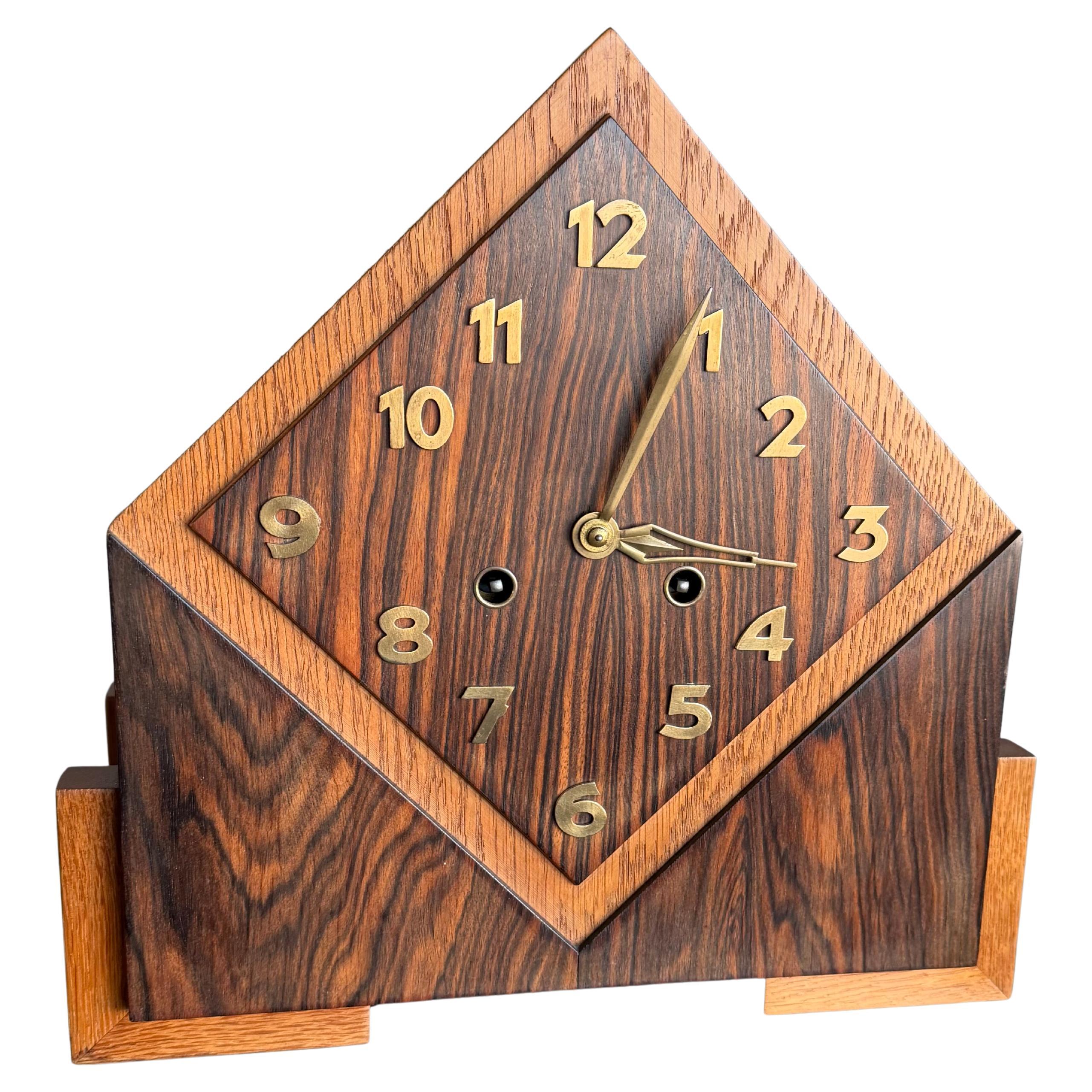 Rare Art Deco Amsterdam School Geometrical Design Oak 
Coromandel Mantel Clock For Sale