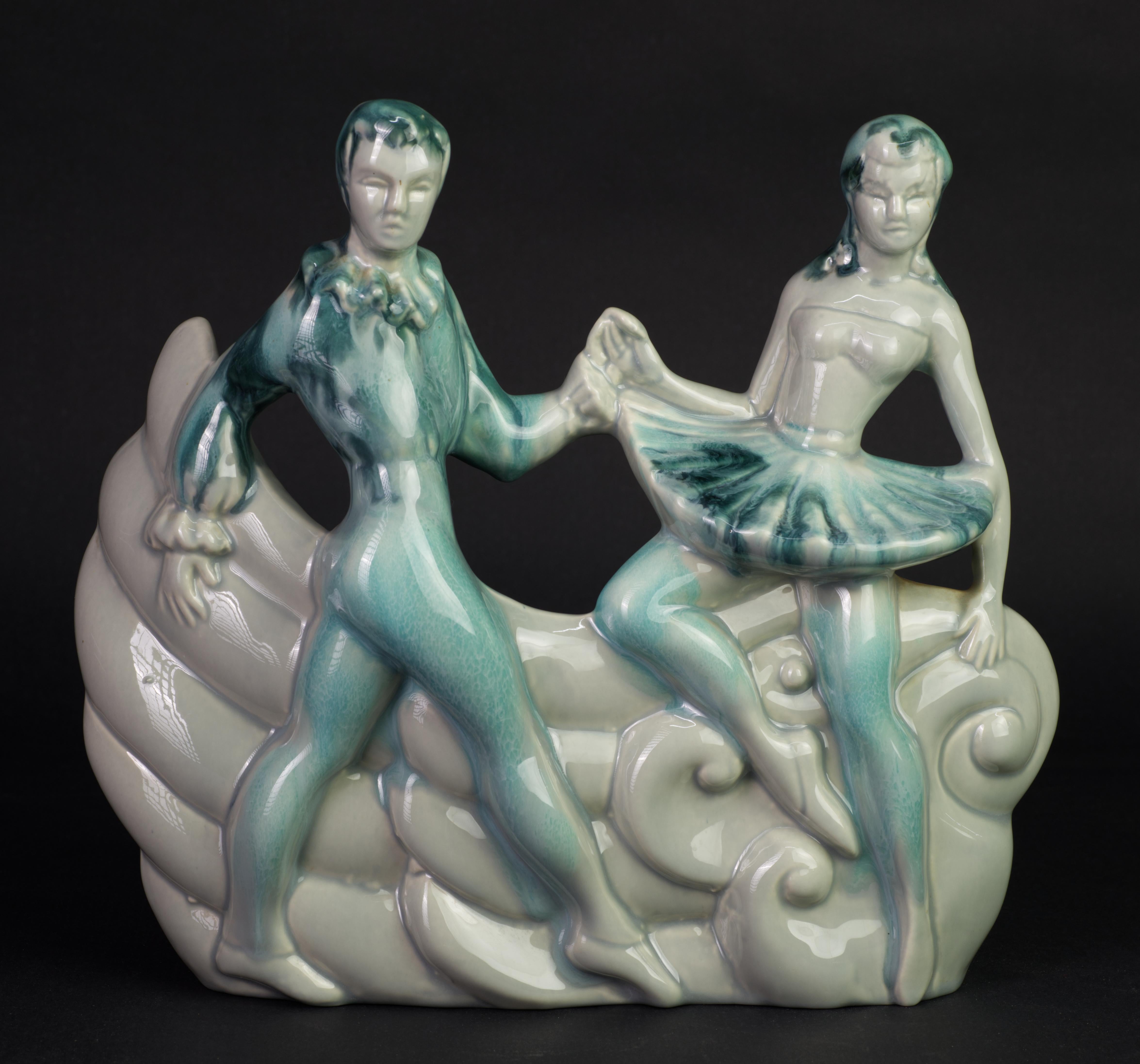 American Rare Art Deco Ballet Dancers TV Lamp, Drip Glaze California Pottery, 1950s For Sale