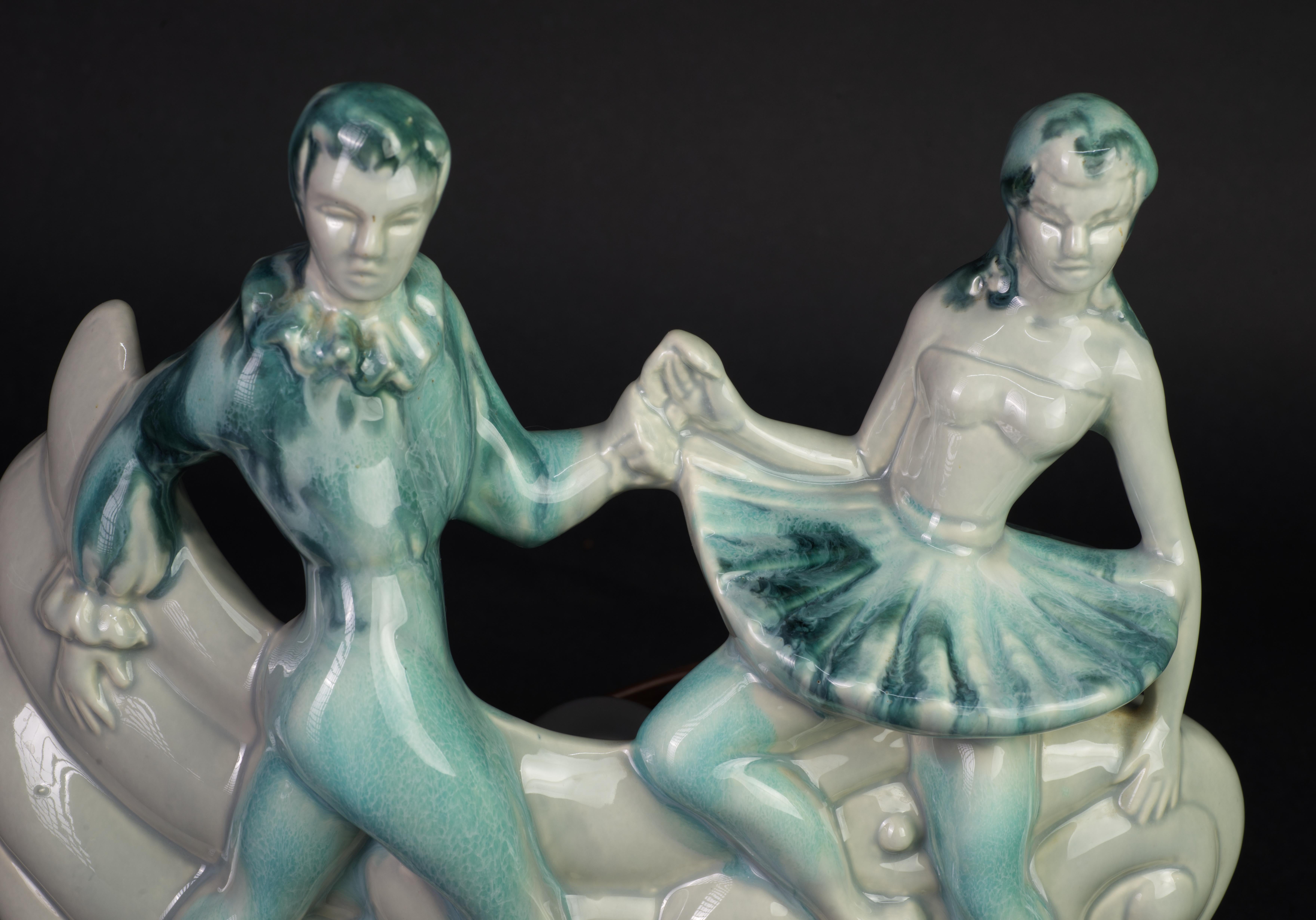 Glazed Rare Art Deco Ballet Dancers TV Lamp, Drip Glaze California Pottery, 1950s For Sale