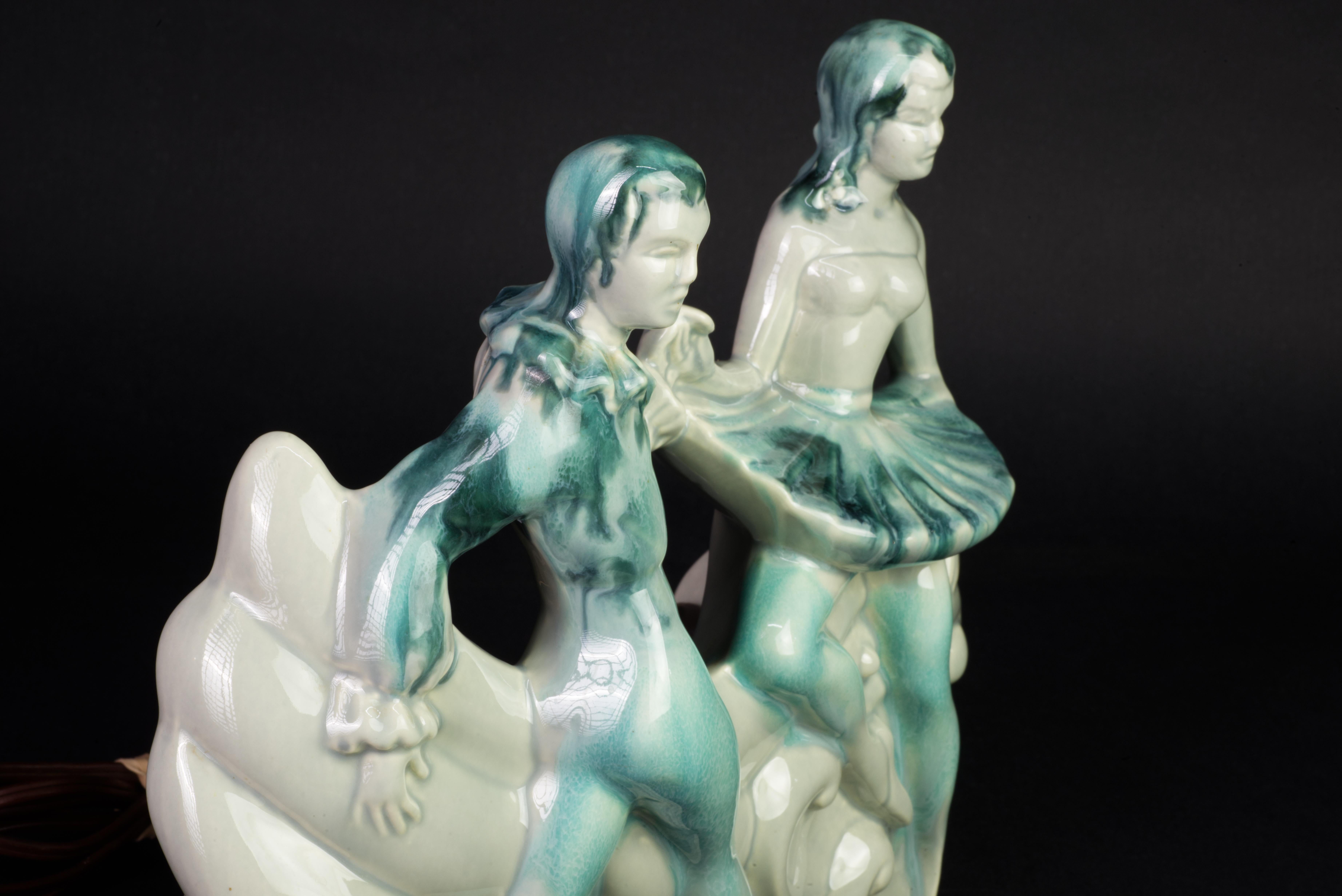 Rare Art Deco Ballet Dancers TV Lamp, Drip Glaze California Pottery, 1950s In Good Condition For Sale In Clifton Springs, NY