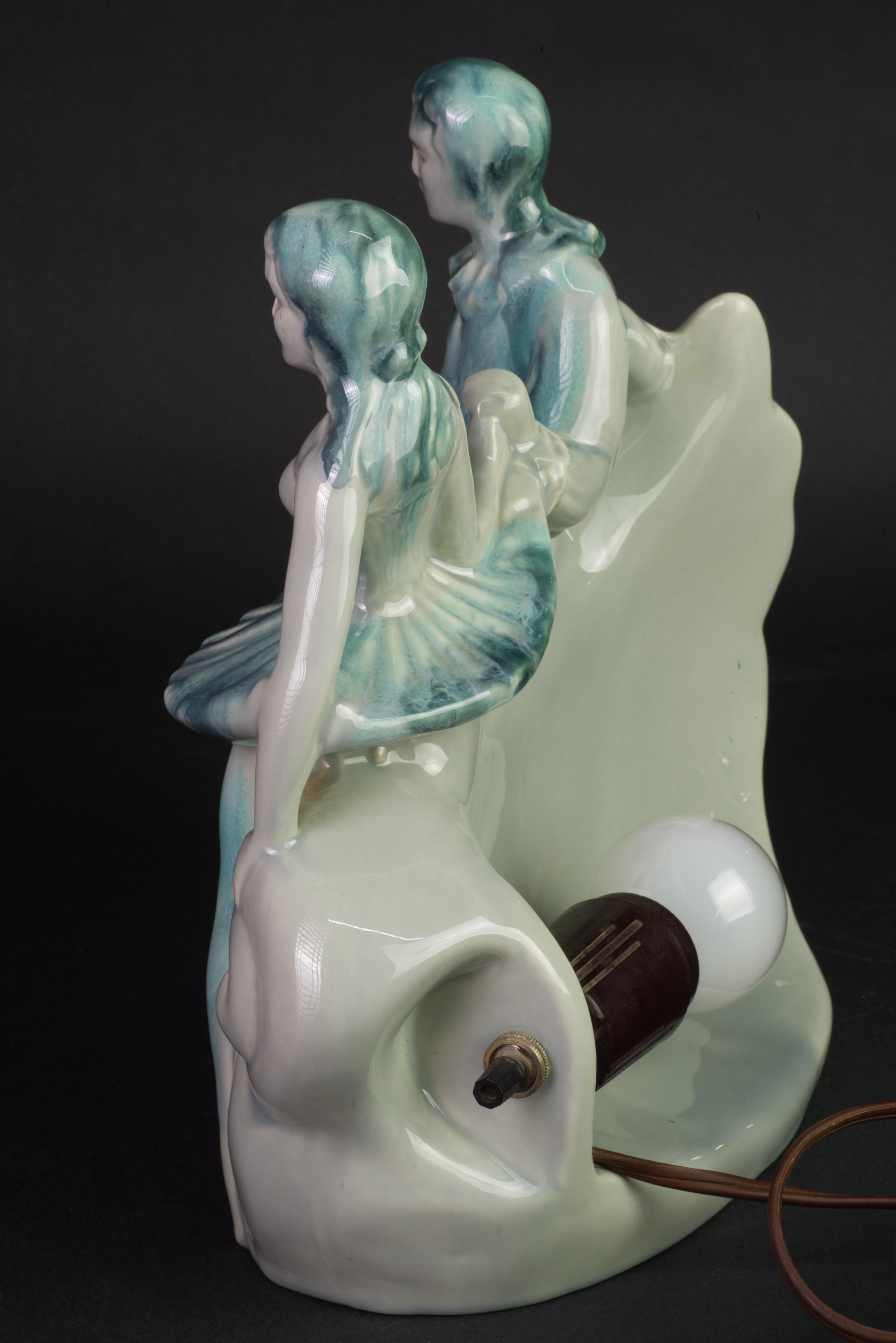 Rare Art Deco Ballet Dancers TV Lamp, Drip Glaze California Pottery, 1950s For Sale 1