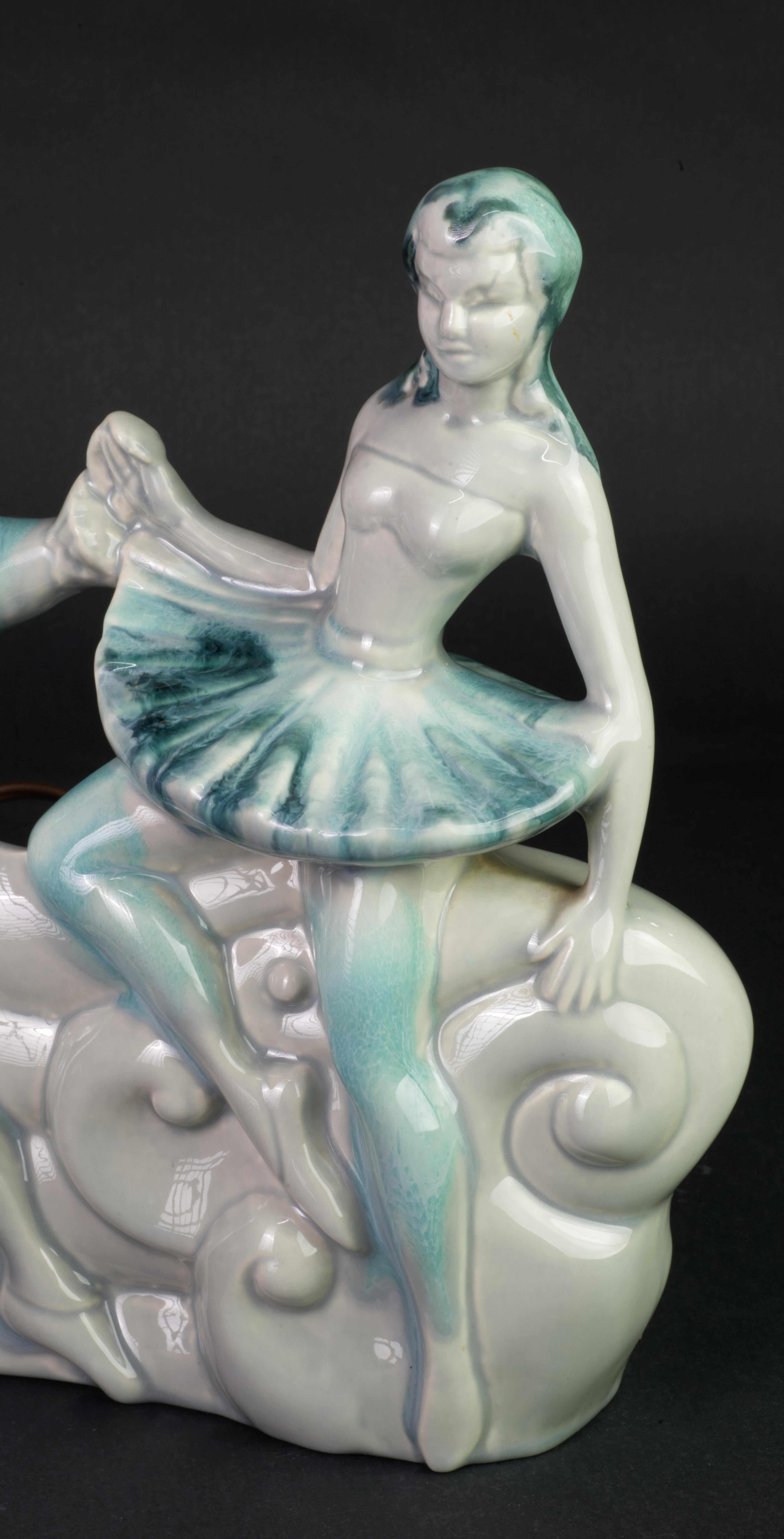 Rare Art Deco Ballet Dancers TV Lamp, Drip Glaze California Pottery, 1950s For Sale 2