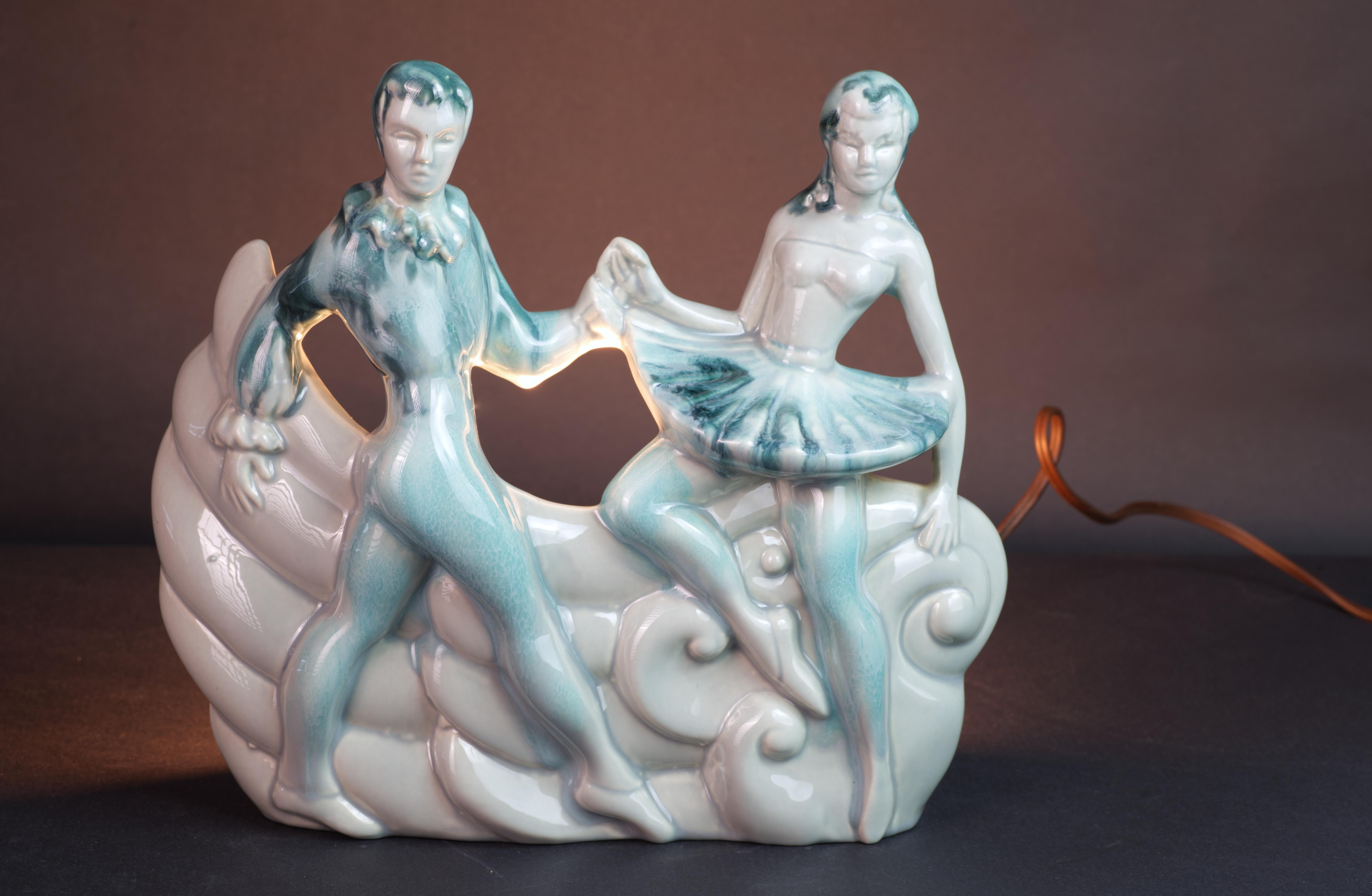 Rare Art Deco Ballet Dancers TV Lamp, Drip Glaze California Pottery, 1950s For Sale 3