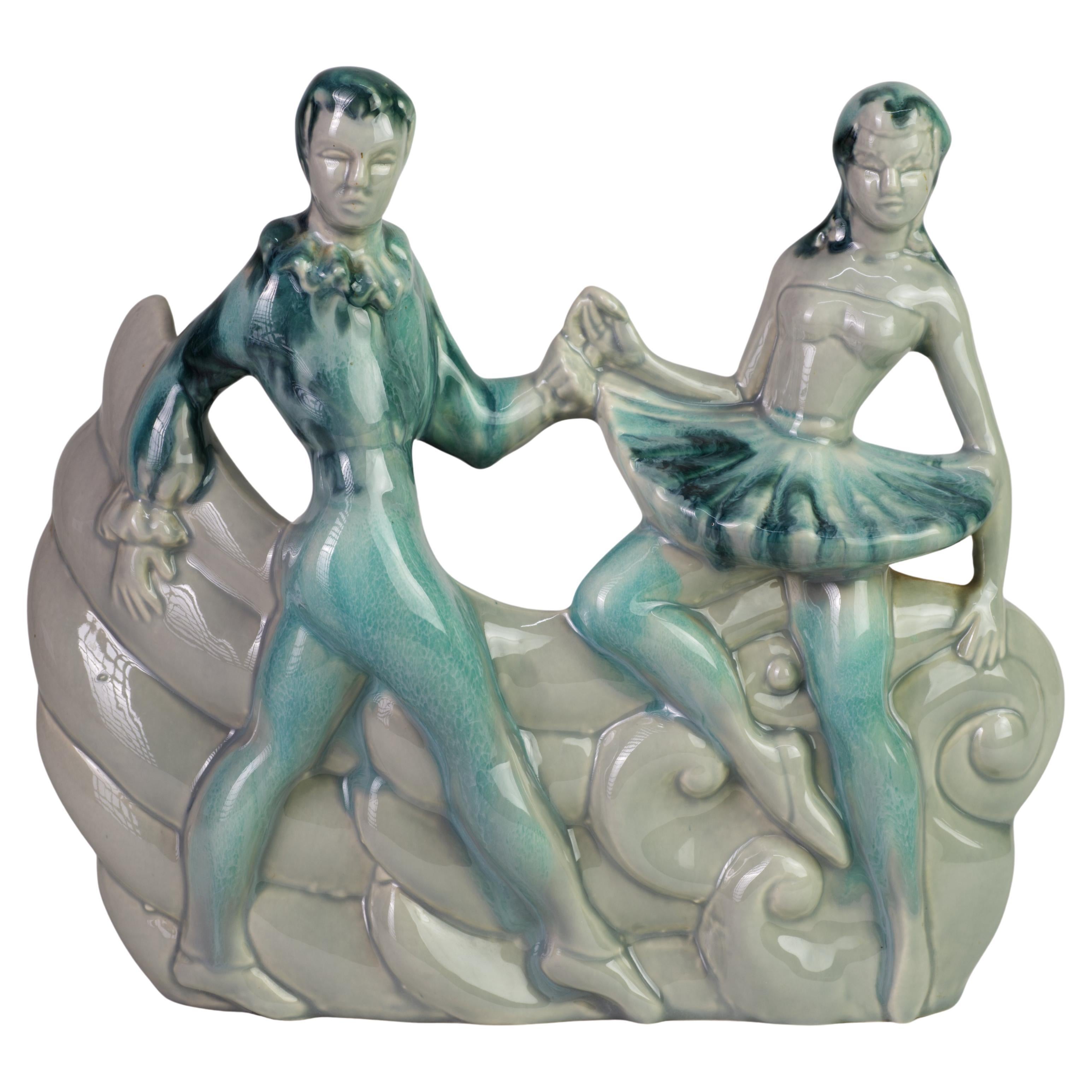 Rare Art Deco Ballet Dancers TV Lamp, Drip Glaze California Pottery, 1950s For Sale