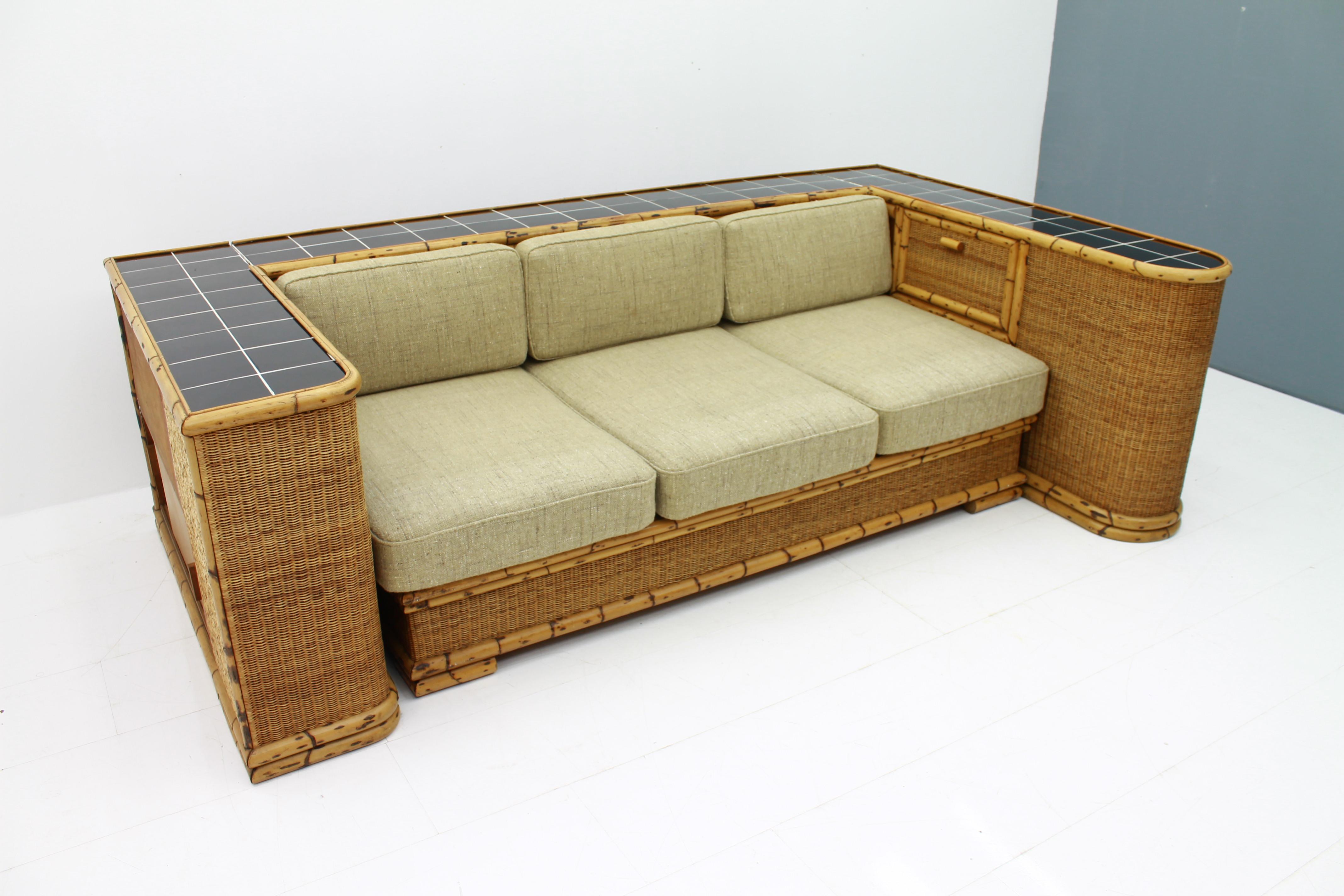Ceramic Rare Art Deco Bamboo & Rattan Daybed Sofa Room Divider by Arco Germany 1940s