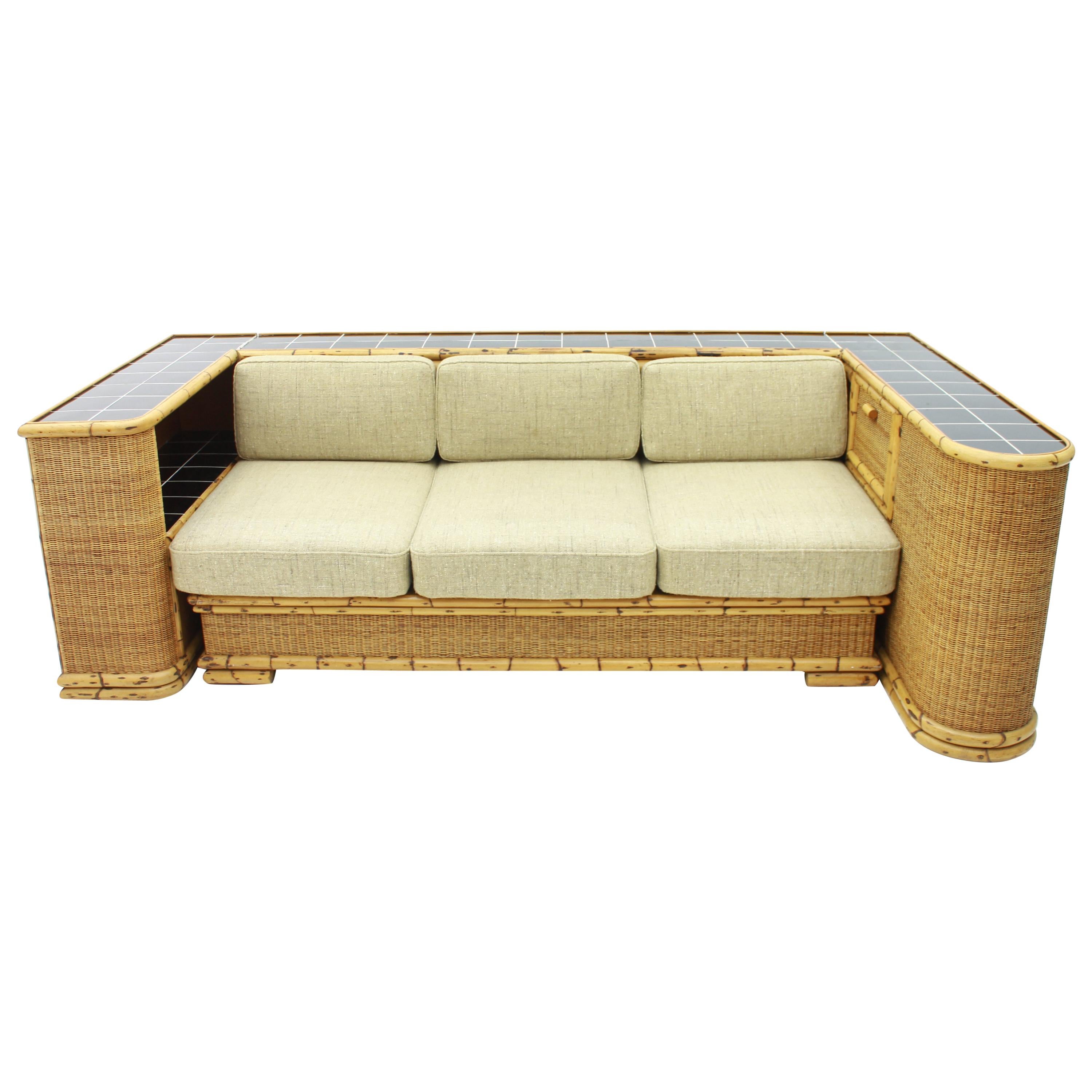 Rare Art Deco Bamboo & Rattan Daybed Sofa Room Divider by Arco Germany 1940s