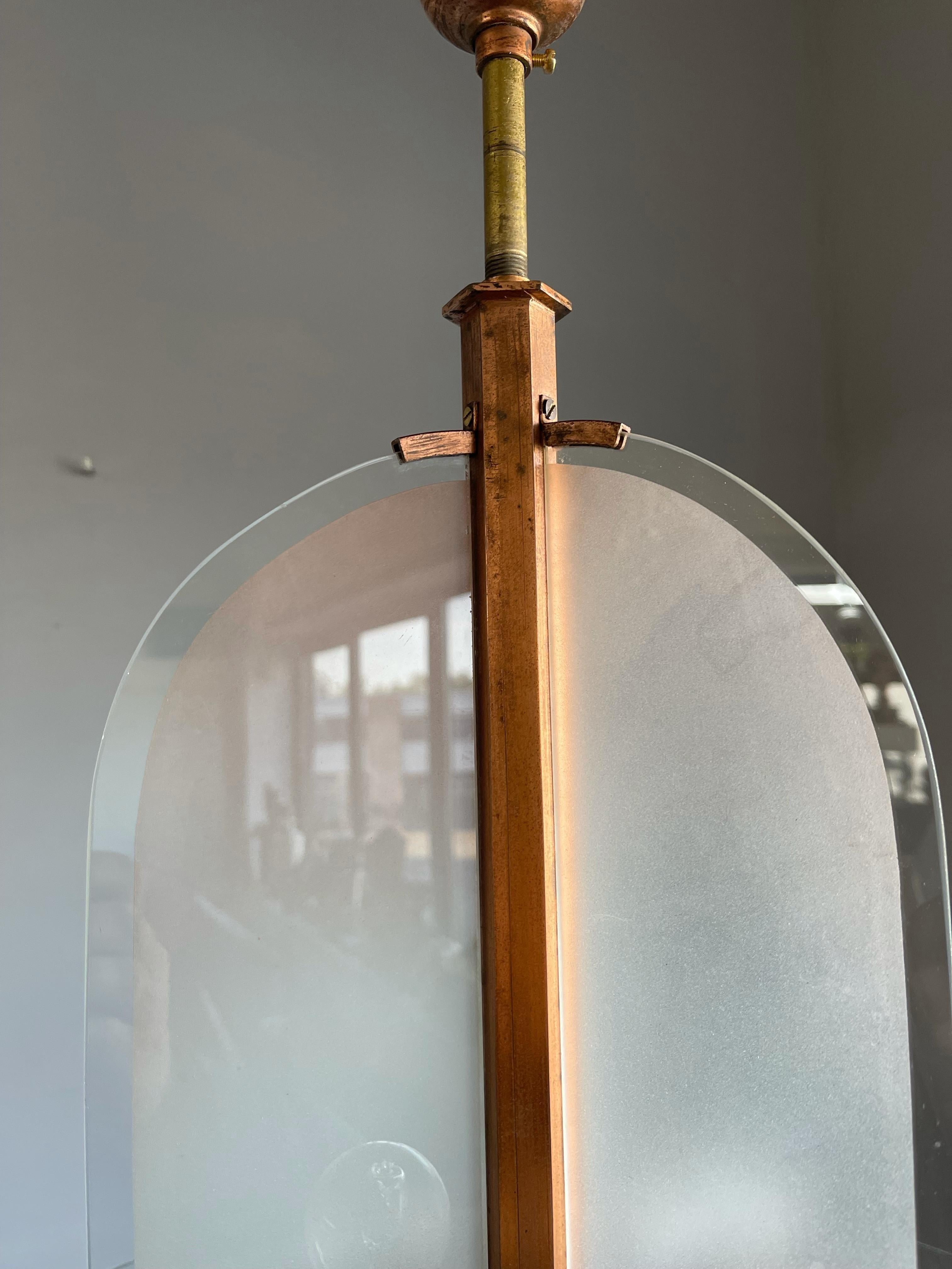 Rare Art Deco Bauhaus & Gispen Style Pendant / Ceiling Light w. Art Glass Panels 7