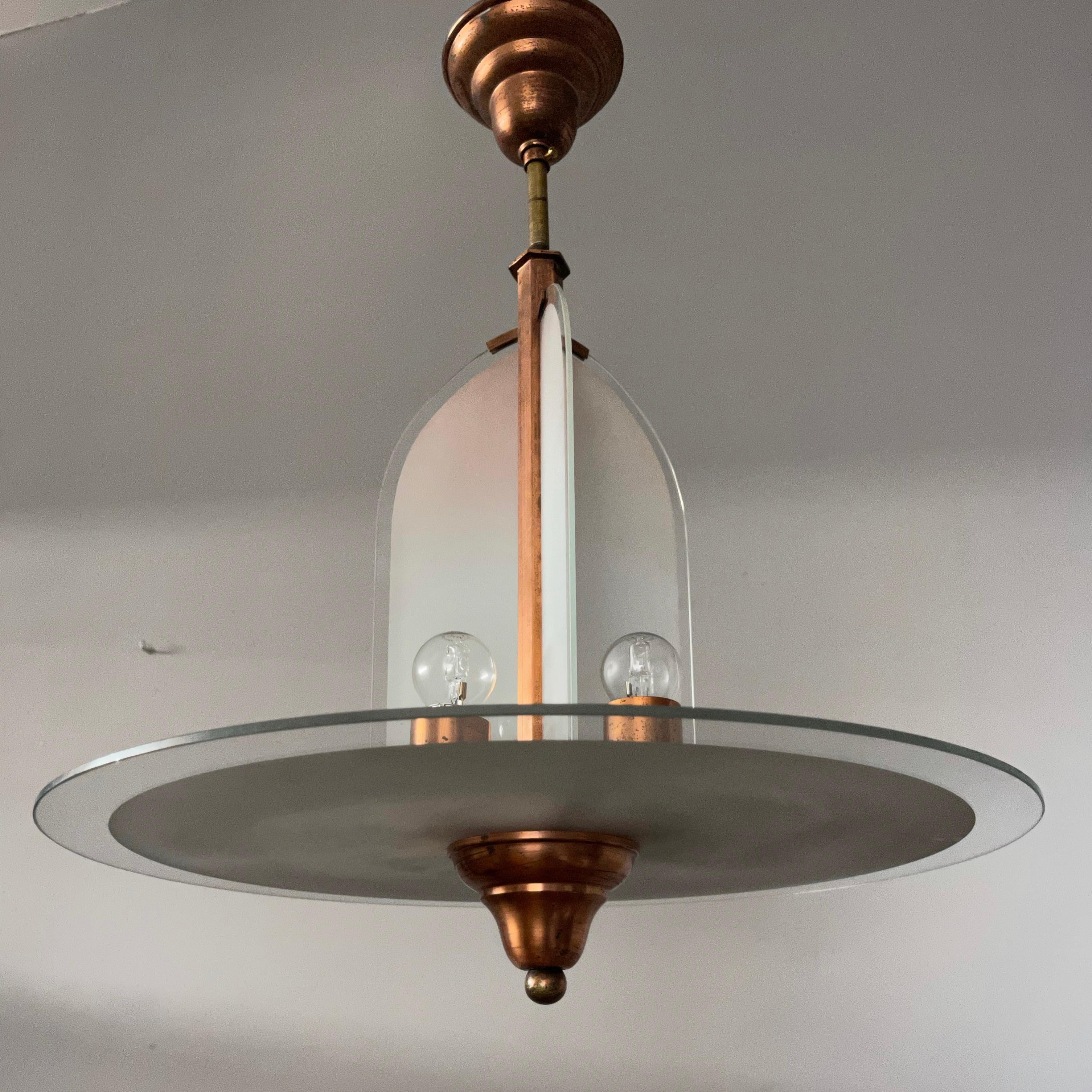 Rare Art Deco Bauhaus & Gispen Style Pendant / Ceiling Light w. Art Glass Panels 10