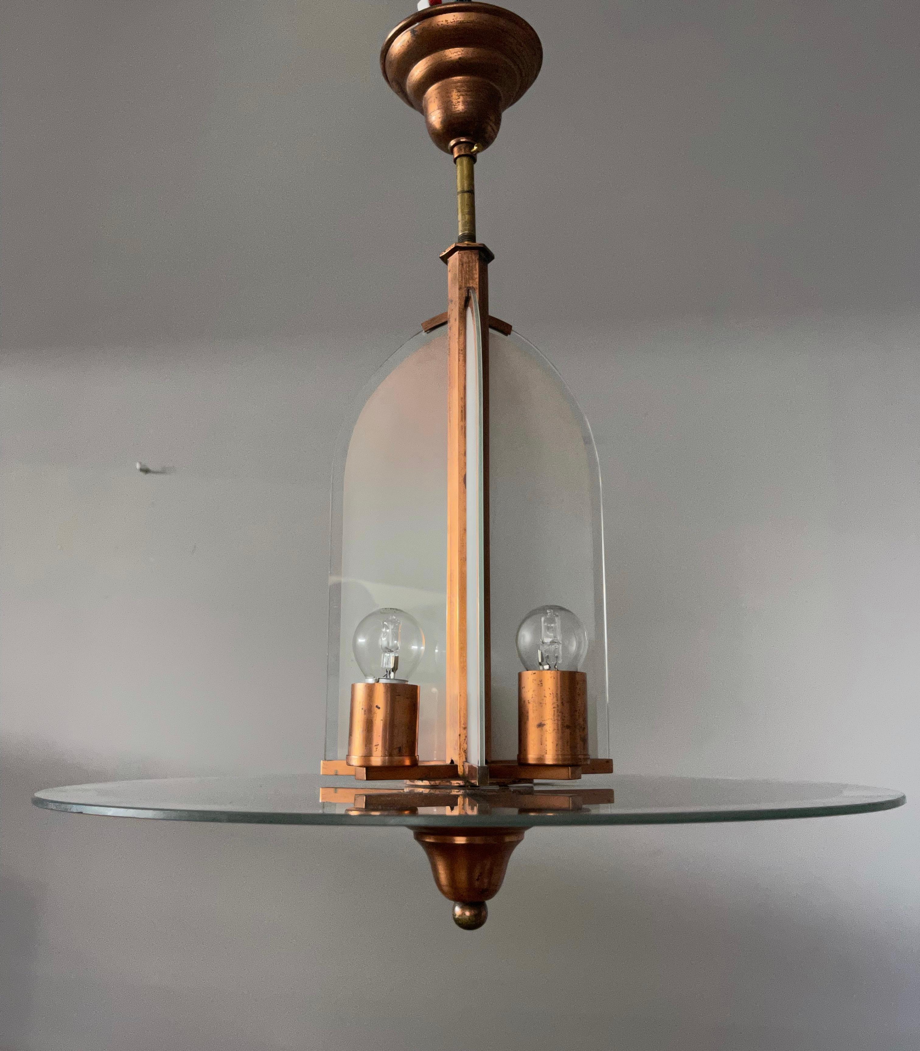 Rare Art Deco Bauhaus & Gispen Style Pendant / Ceiling Light w. Art Glass Panels 11