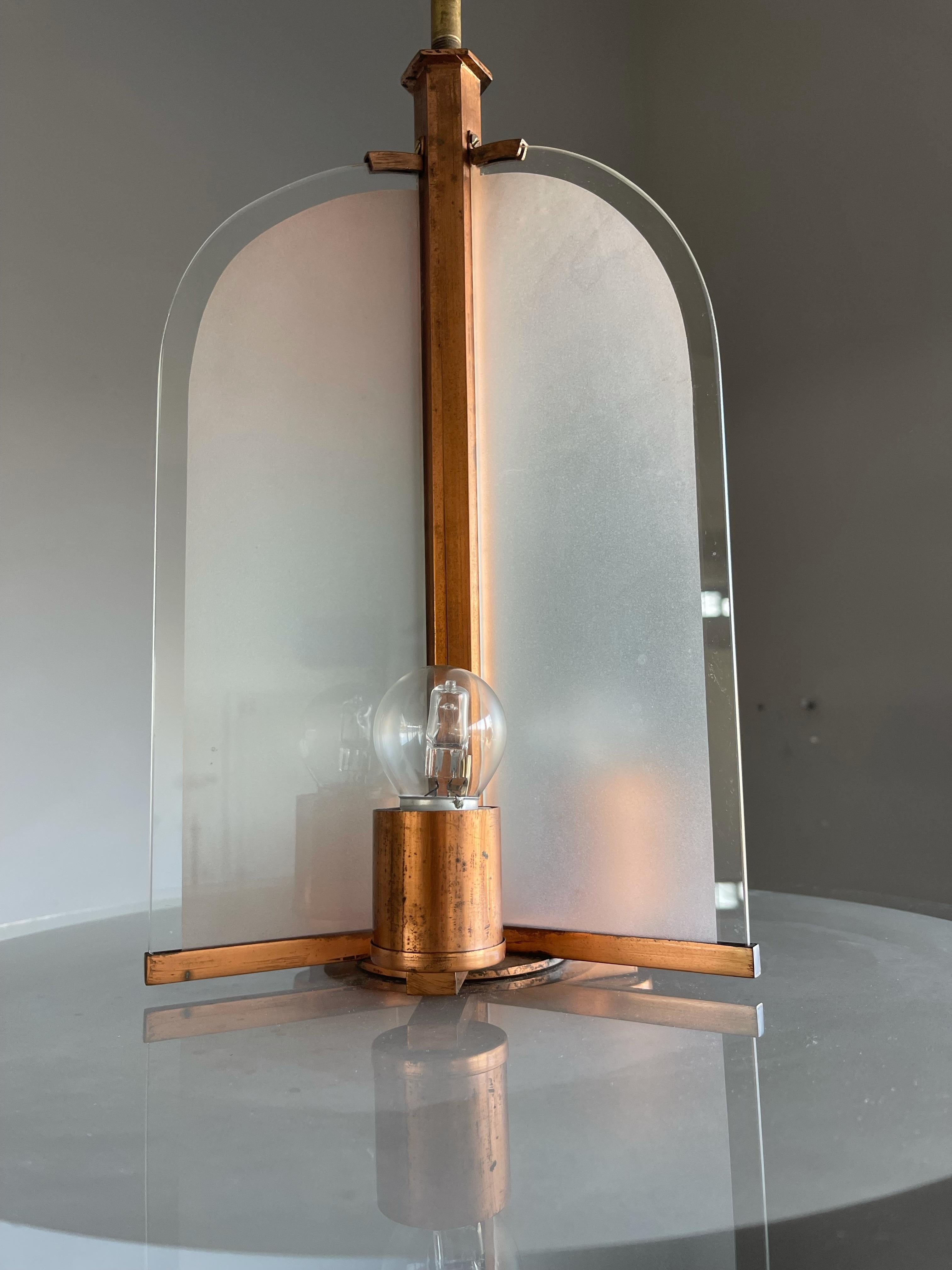 Rare Art Deco Bauhaus & Gispen Style Pendant / Ceiling Light w. Art Glass Panels In Good Condition In Lisse, NL