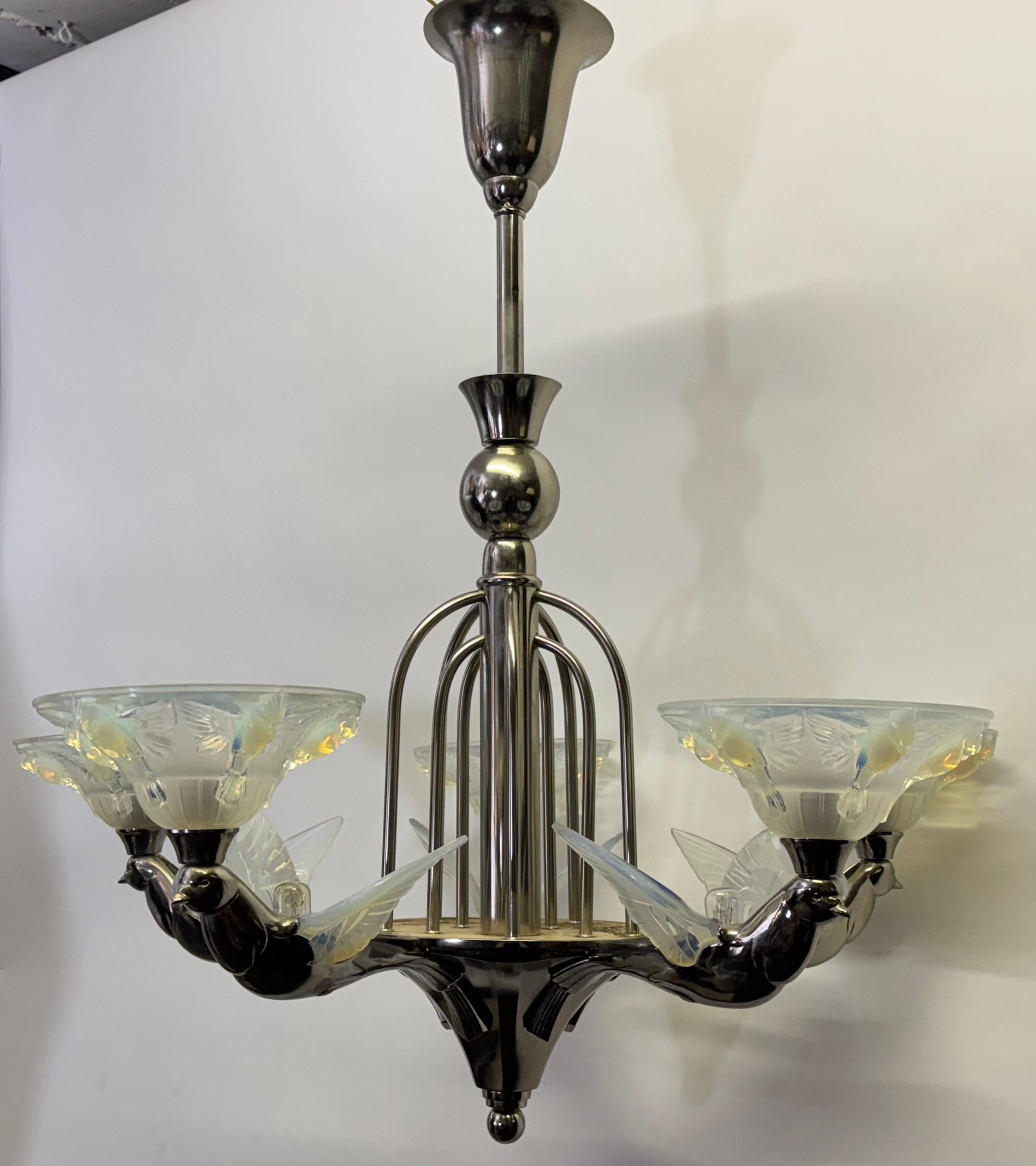 Rare Art Deco Birds Chandelier by Jean Boris Lacroix, France, circa 1930s For Sale 6