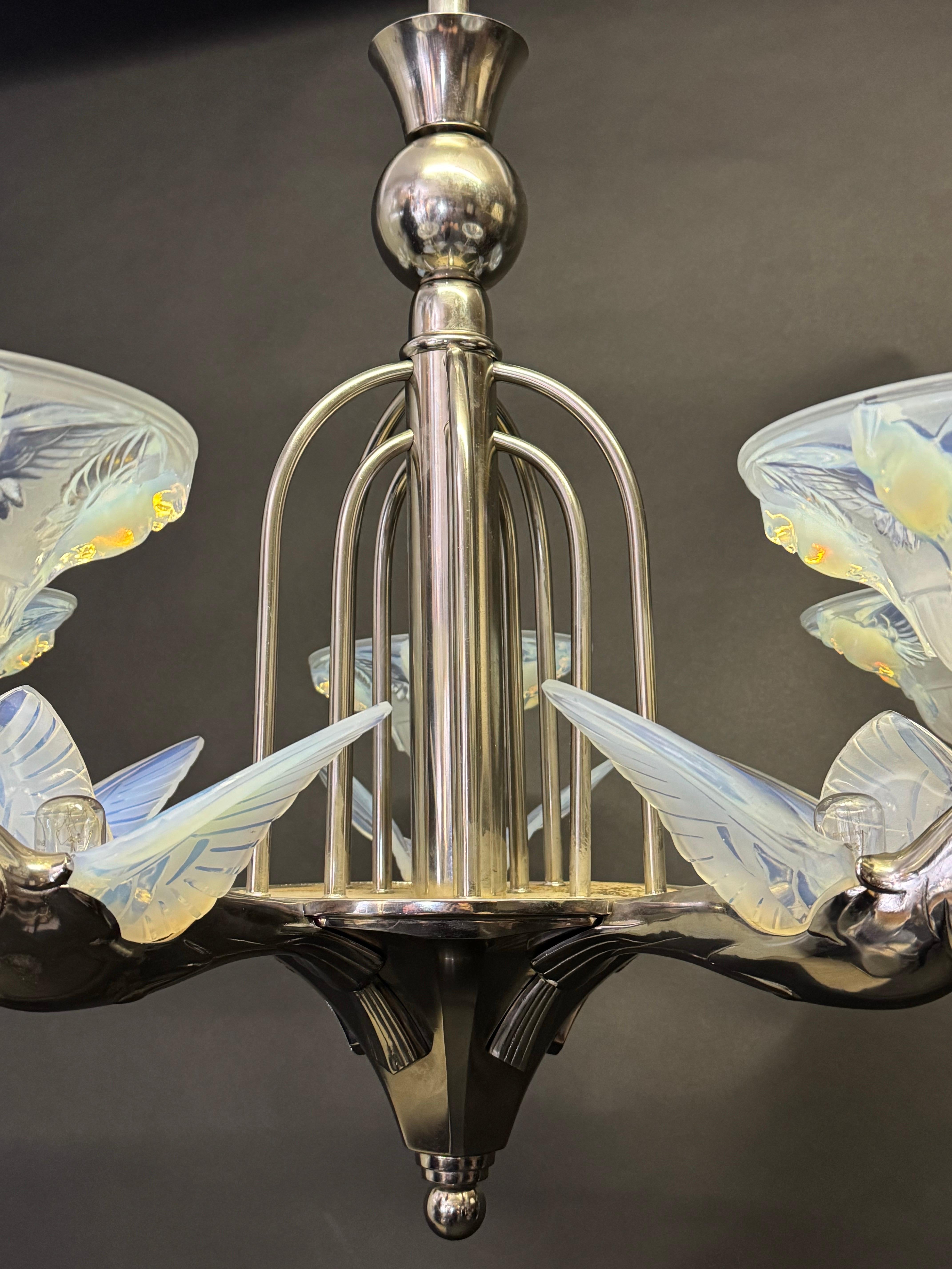 Rare Art Deco Birds Chandelier by Jean Boris Lacroix, France, circa 1930s For Sale 7