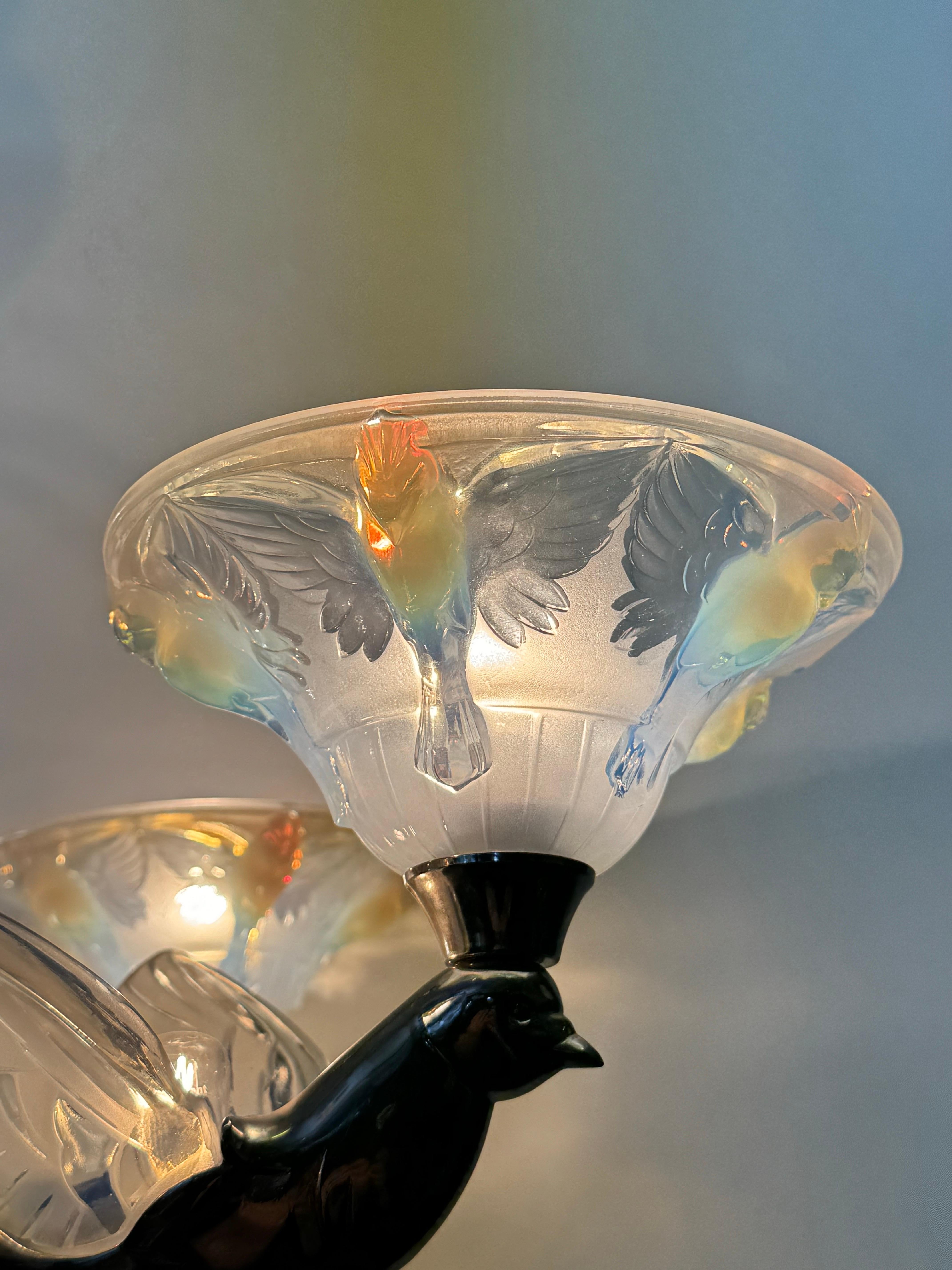 Rare Art Deco Birds Chandelier by Jean Boris Lacroix, France, circa 1930s For Sale 11
