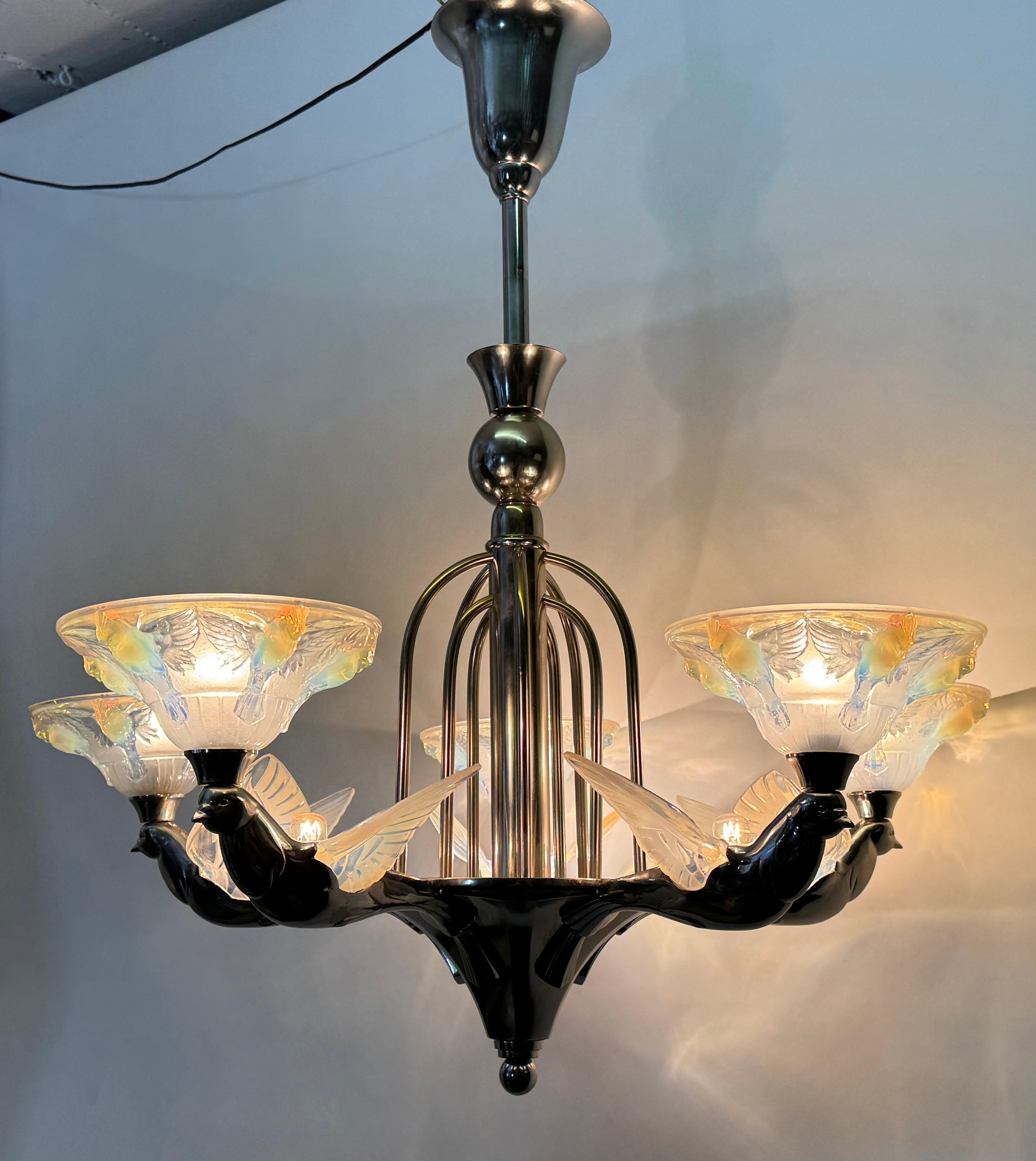 Rare Art Deco Birds Chandelier by Jean Boris Lacroix, France, circa 1930s For Sale 14