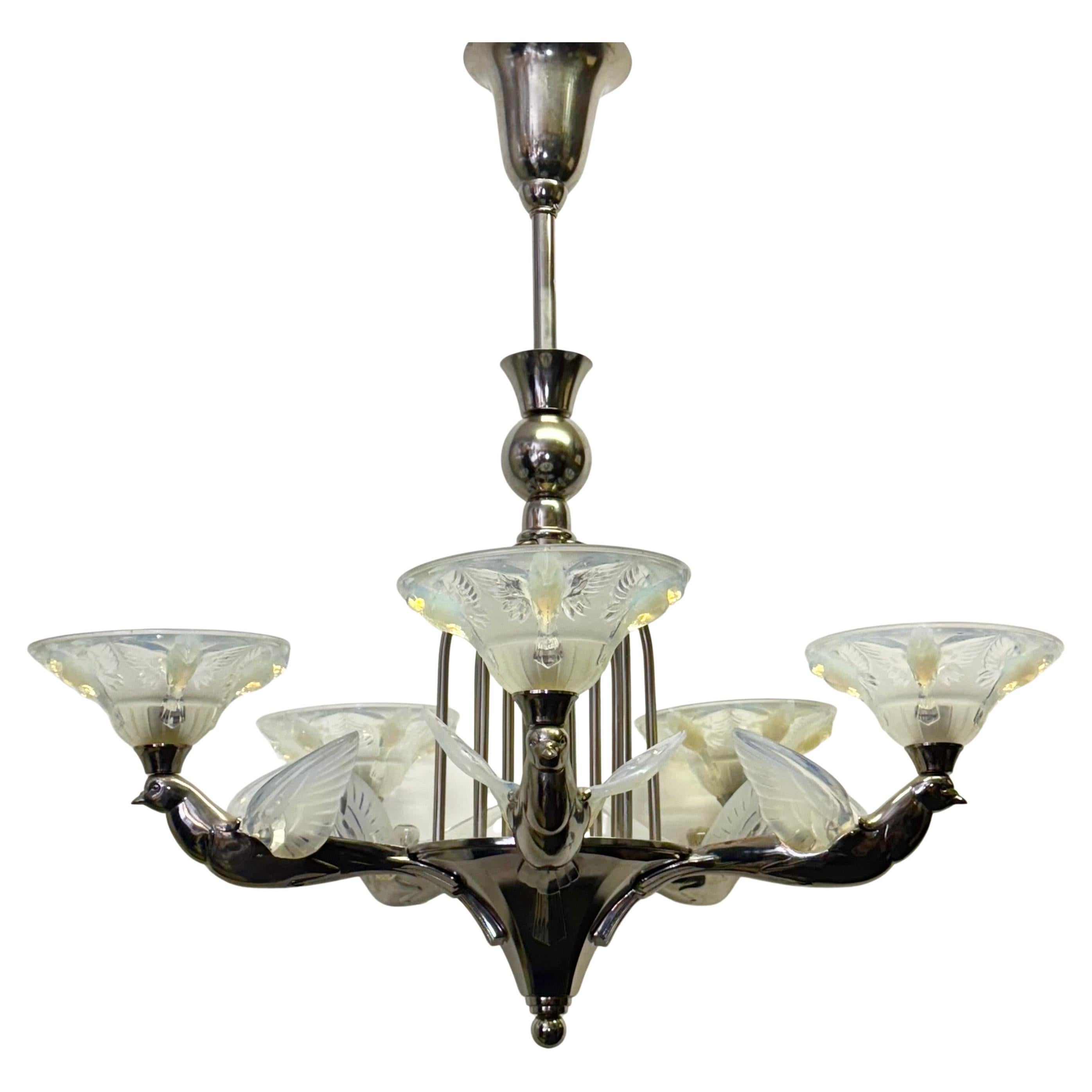 Rare Art Deco Birds Chandelier by Jean Boris Lacroix, France, circa 1930s