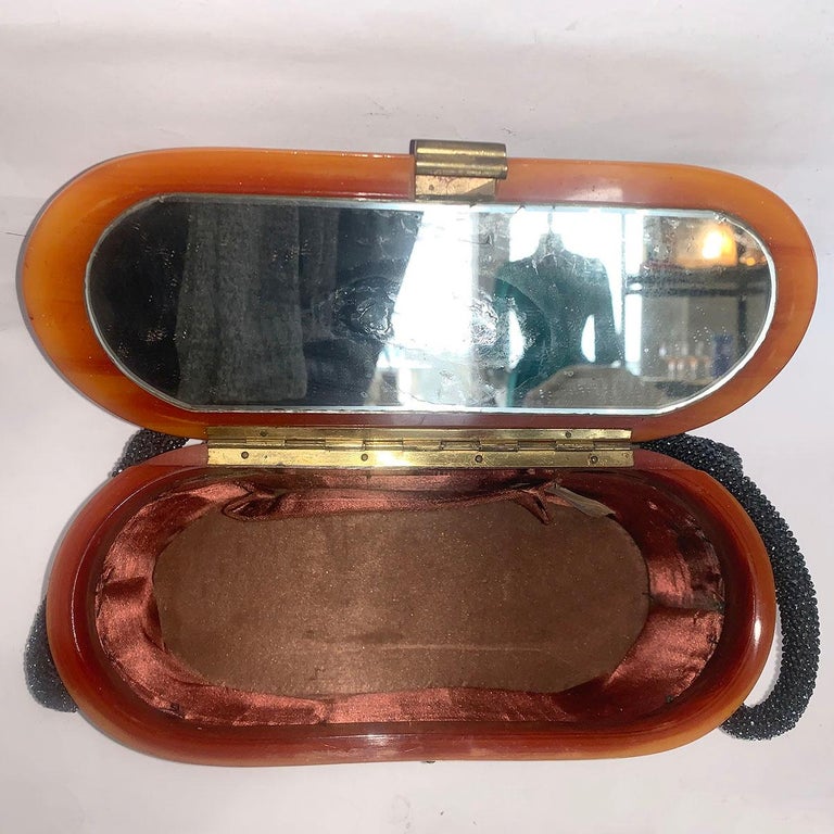 Rare Art Deco Black beaded handbag purse with Lucite top  For Sale 1