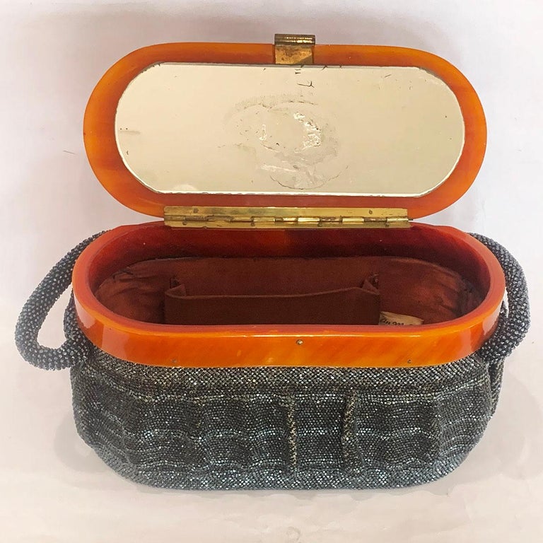 Rare Art Deco Black beaded handbag purse with Lucite top  For Sale 3