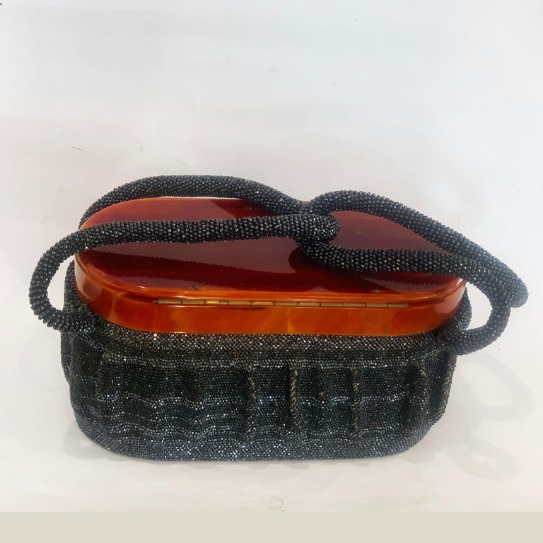 Rare Art Deco Black beaded handbag purse with Lucite top  For Sale 4