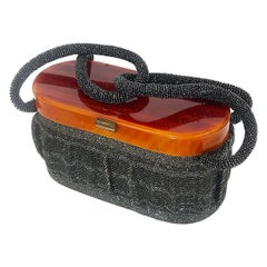 Vintage Rare Art Deco Black beaded handbag purse with Lucite top