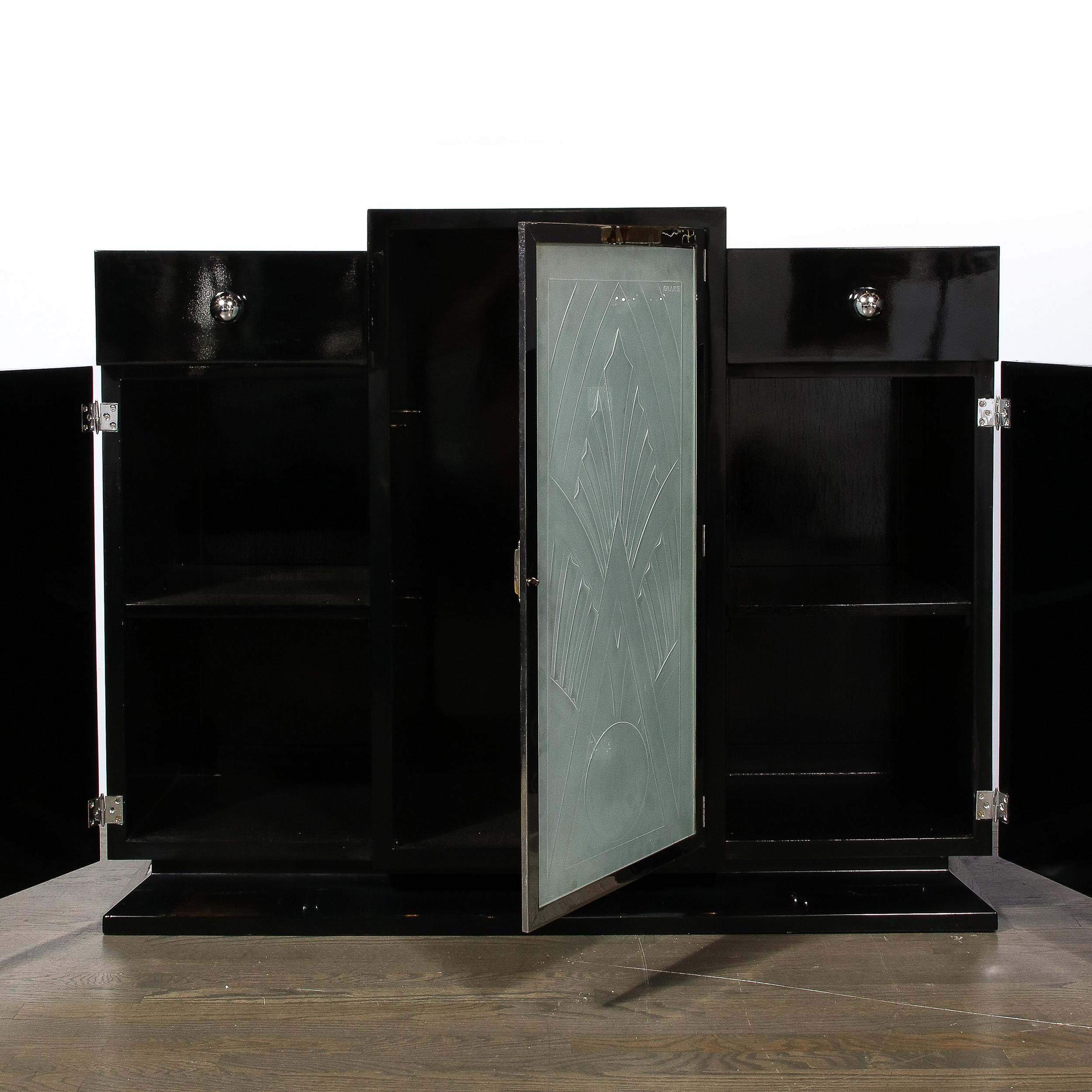 Rare Art Deco Black Lacquer & Frosted Relief Glass Cabinet Signed Pierre Gilles  5
