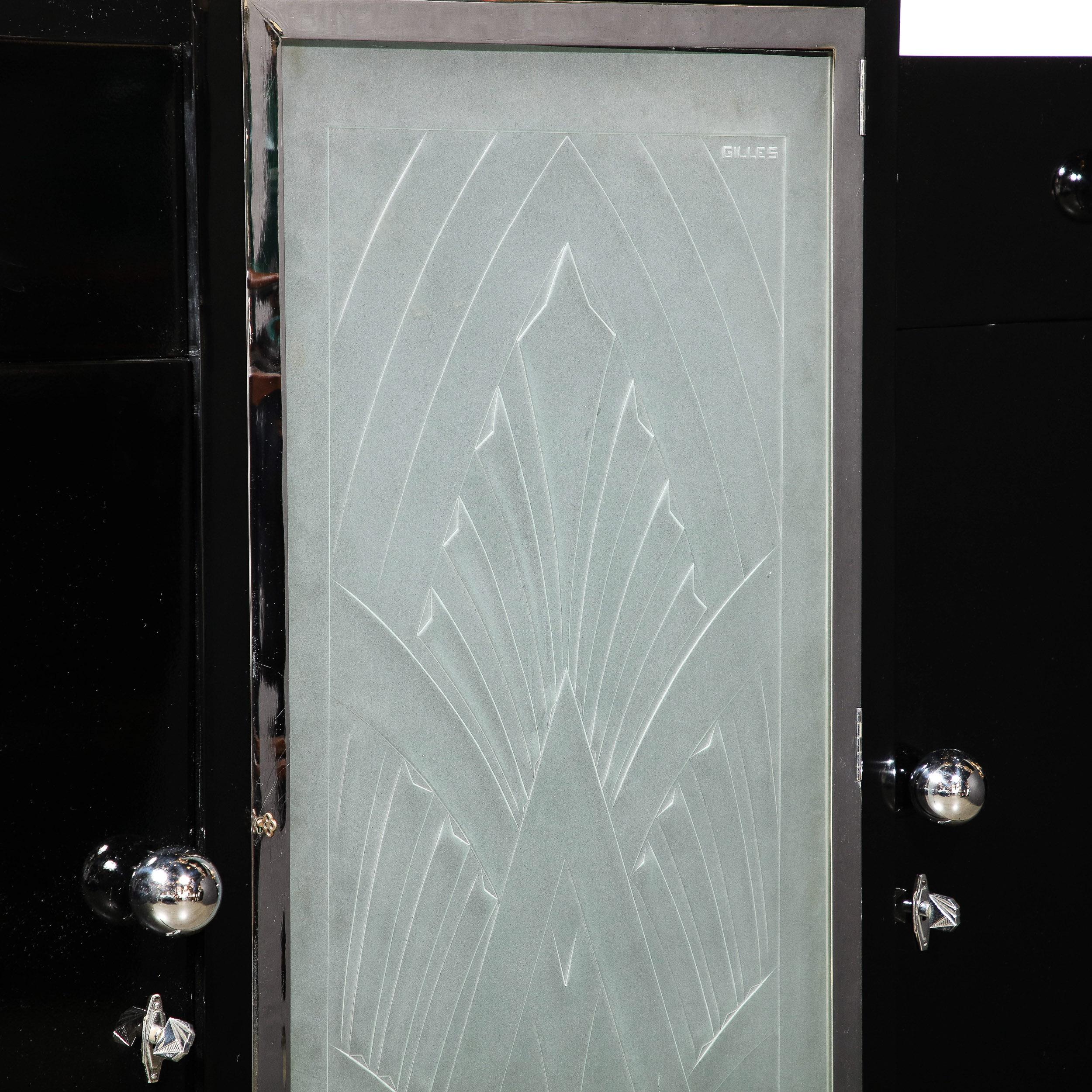 Rare Art Deco Black Lacquer & Frosted Relief Glass Cabinet Signed Pierre Gilles  7