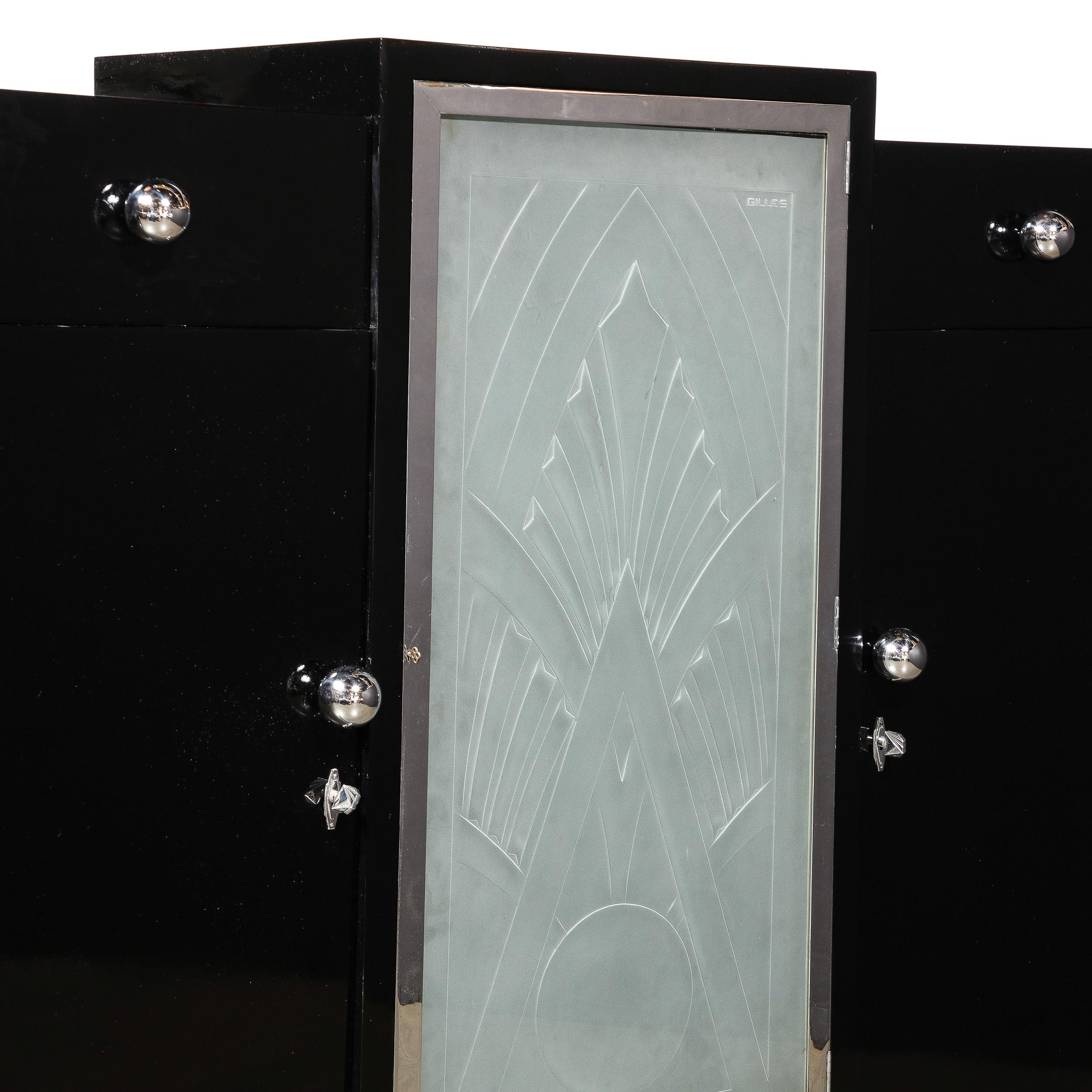 Rare Art Deco Black Lacquer & Frosted Relief Glass Cabinet Signed Pierre Gilles  9