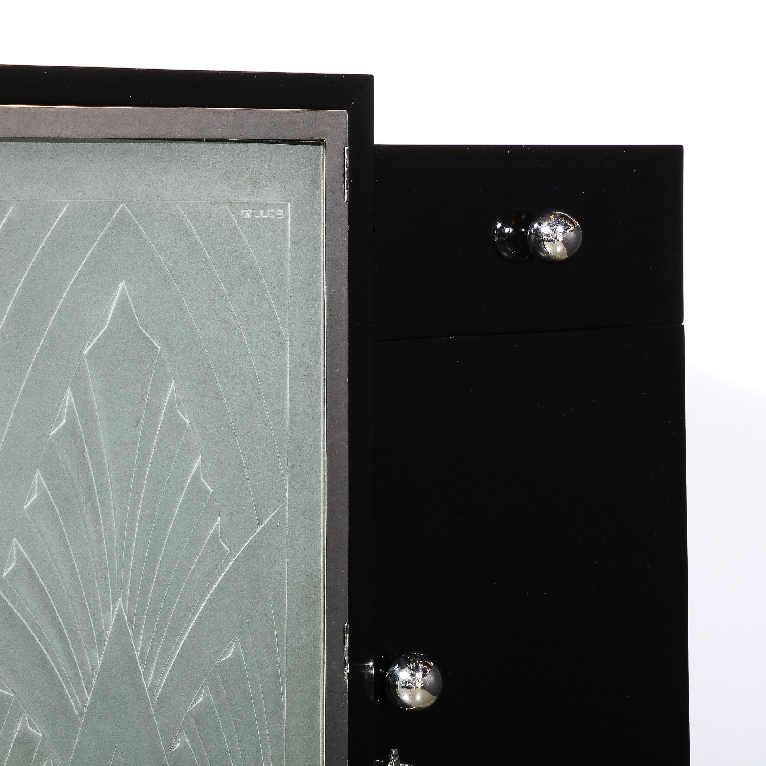 Rare Art Deco Black Lacquer & Frosted Relief Glass Cabinet Signed Pierre Gilles  10