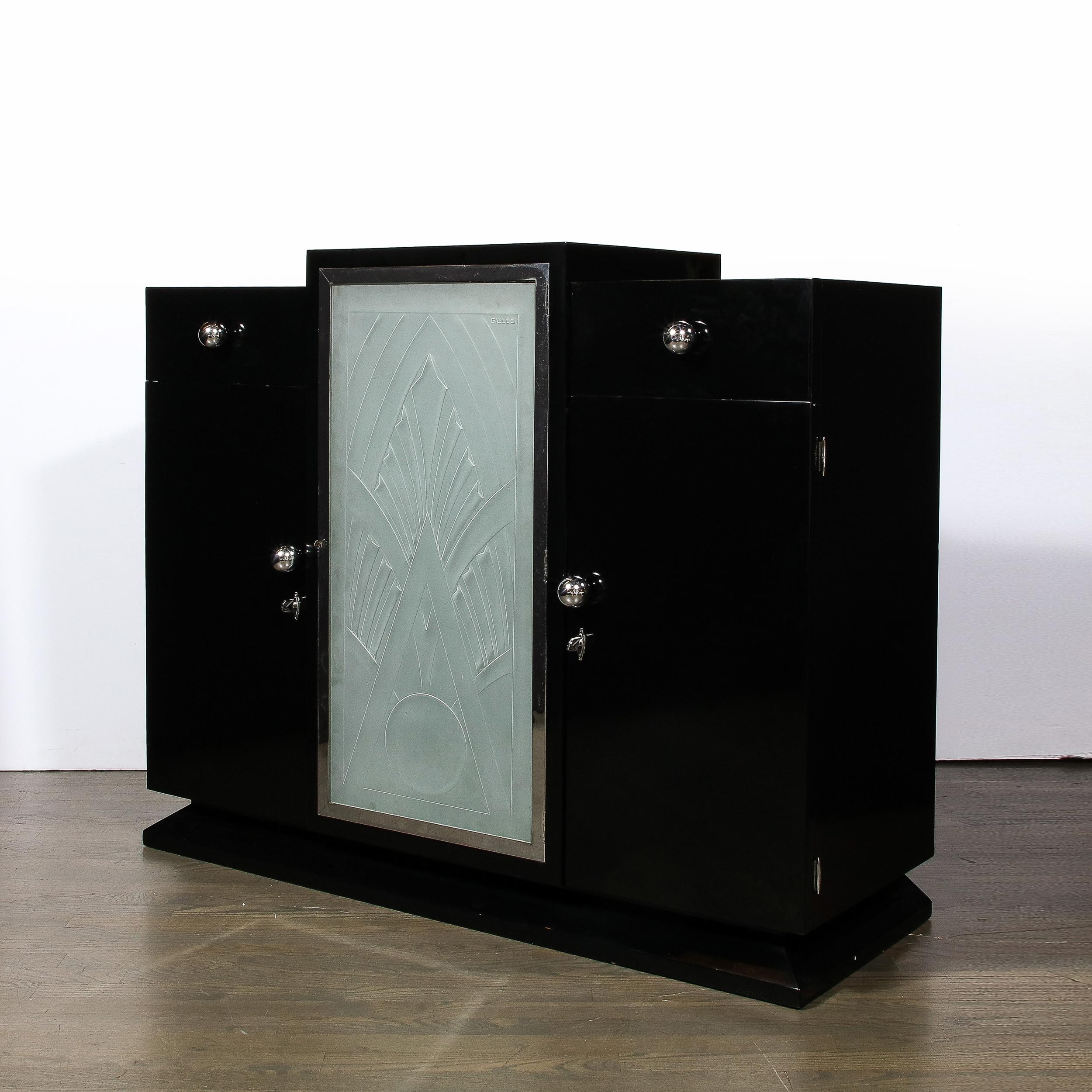 Rare Art Deco Black Lacquer & Frosted Relief Glass Cabinet Signed Pierre Gilles  In Excellent Condition In New York, NY