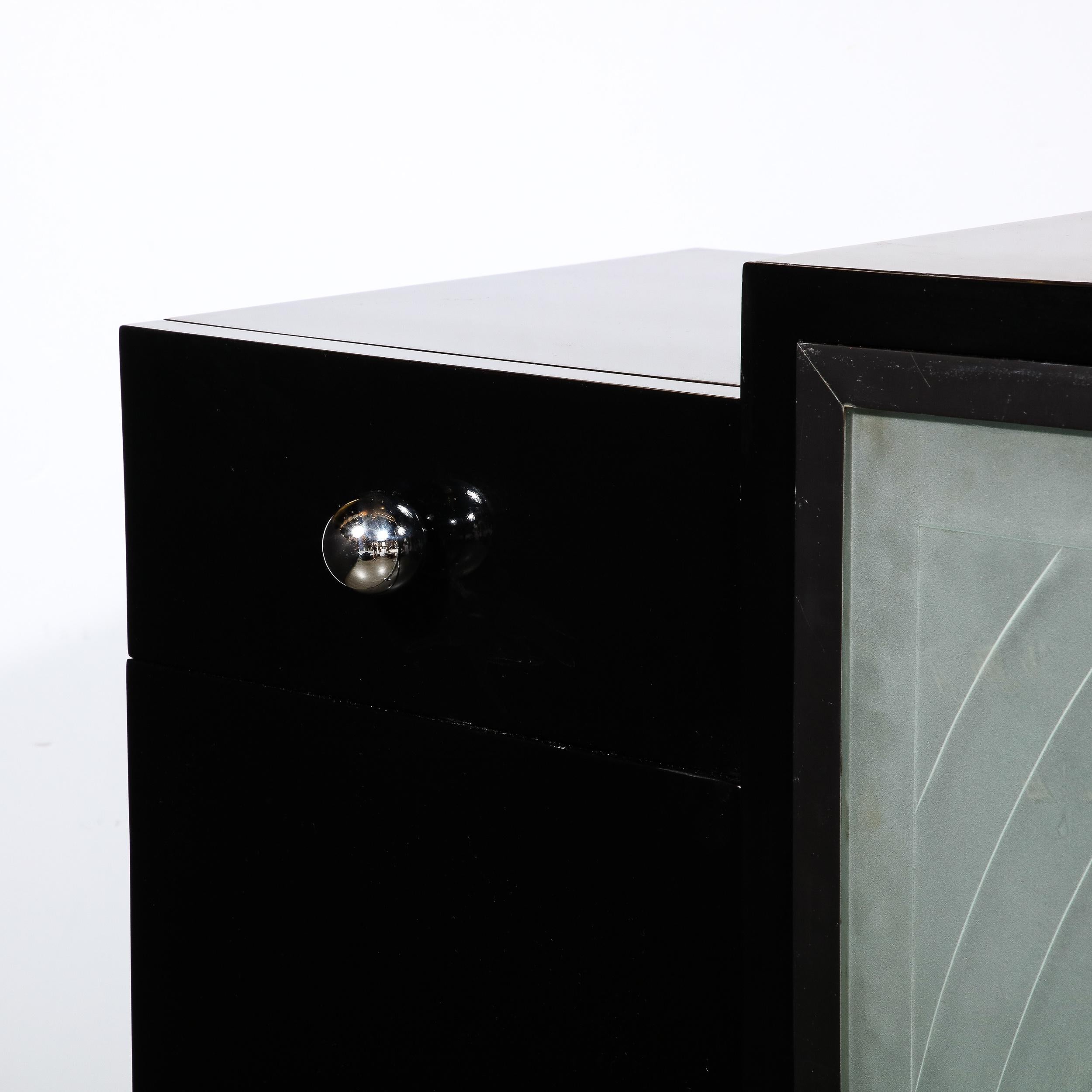 Rare Art Deco Black Lacquer & Frosted Relief Glass Cabinet Signed Pierre Gilles  1