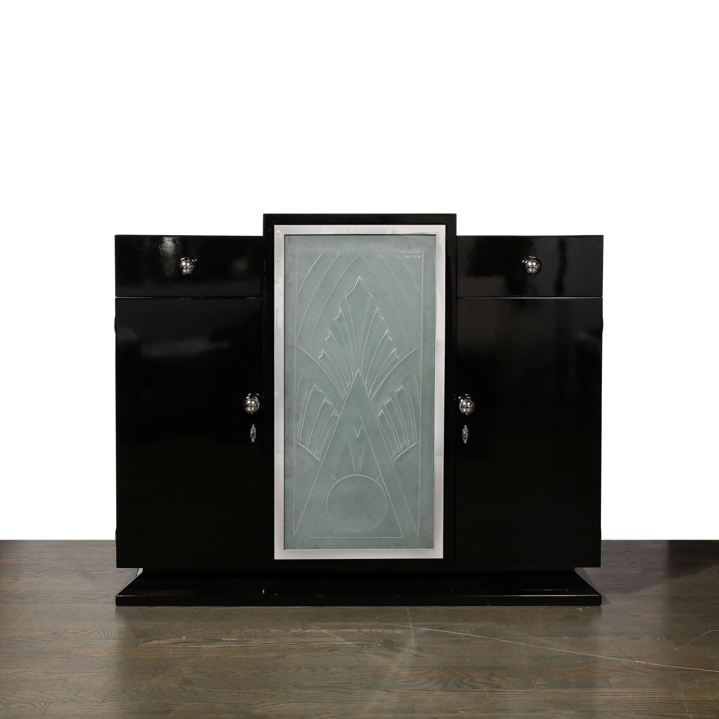 Rare Art Deco Black Lacquer & Frosted Relief Glass Cabinet Signed Pierre Gilles  2
