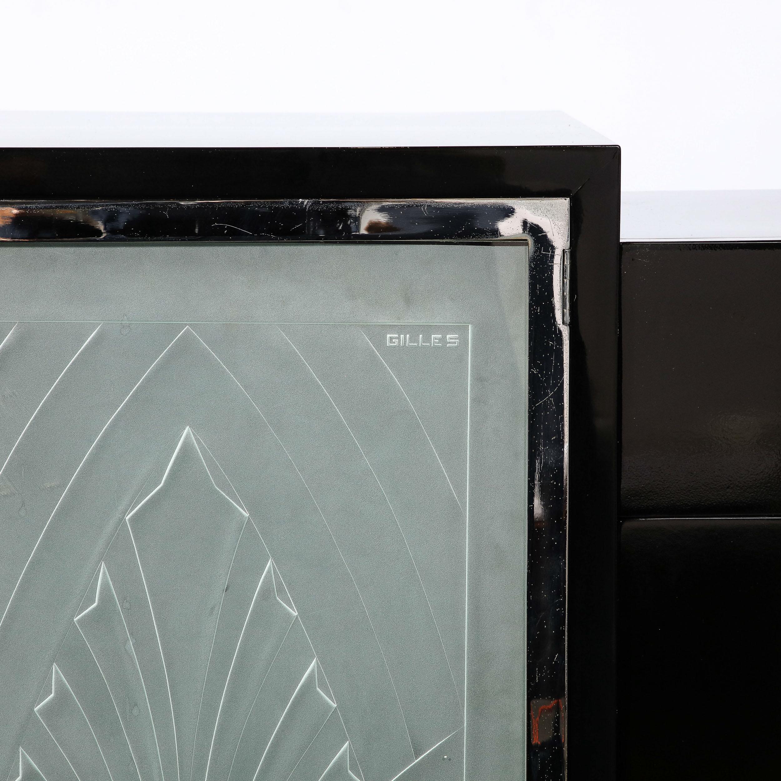 Rare Art Deco Black Lacquer & Frosted Relief Glass Cabinet Signed Pierre Gilles  3