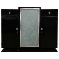 Rare Art Deco Black Lacquer & Frosted Relief Glass Cabinet Signed Pierre Gilles