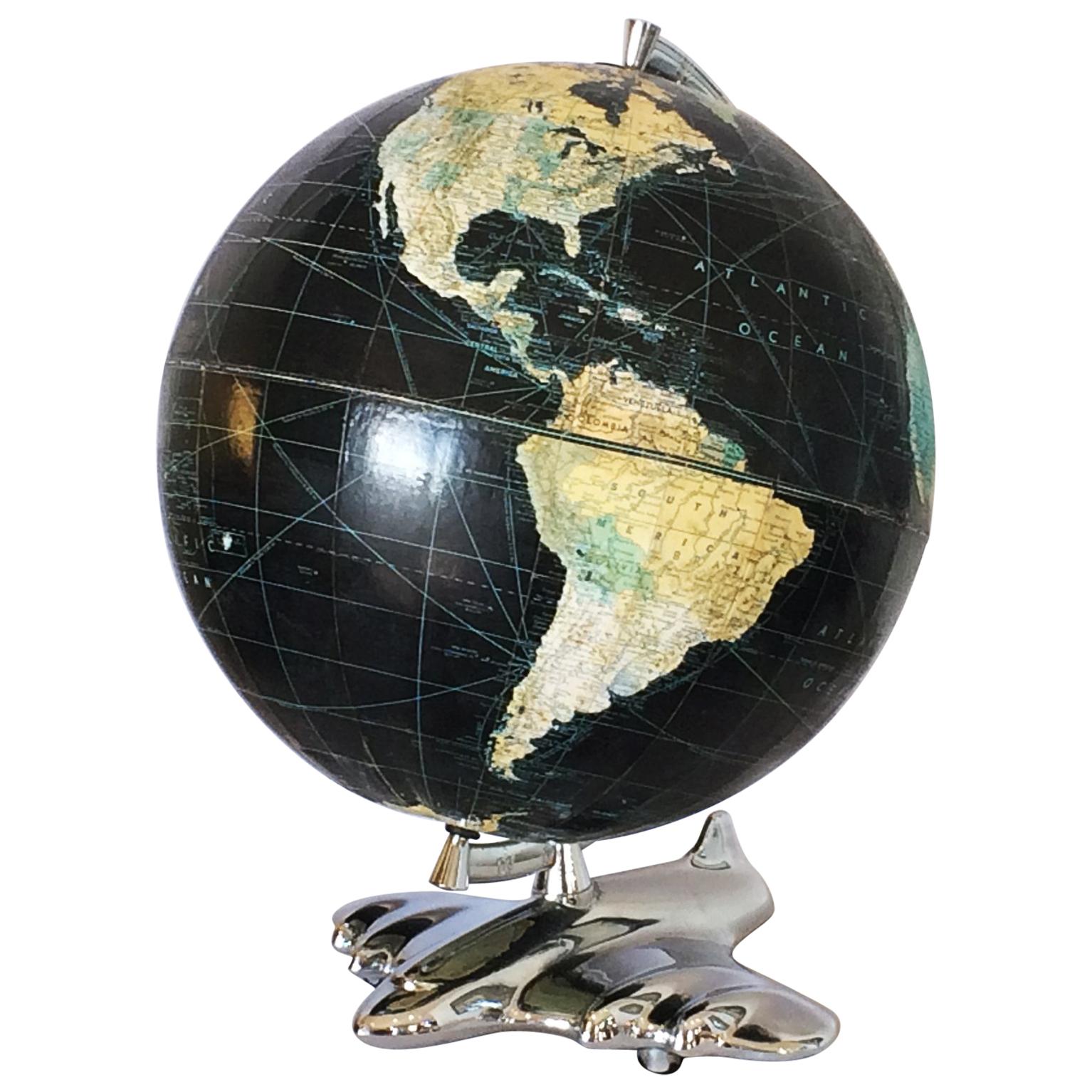 Rare Art Deco Black Oceans Airplane World Globe by Weber Costello