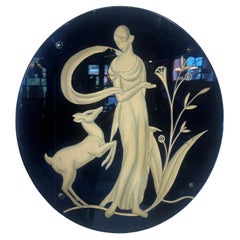 Rare Art Deco Blue Glass and Painted Stylized Glamorous Woman with Dog
